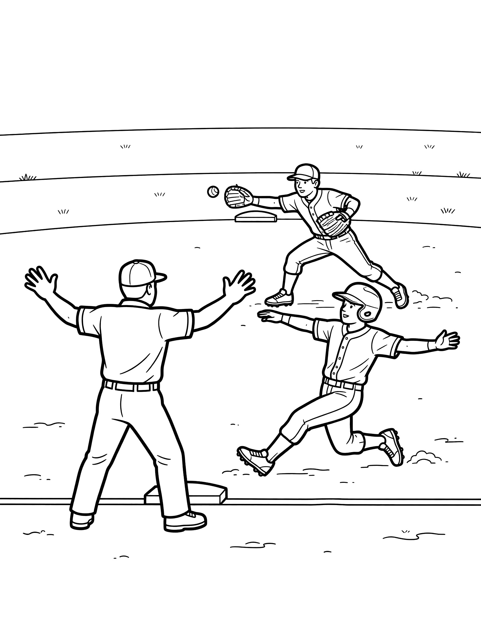 Black and white line art of baseball umpire signaling safe at first base with runner sliding and first baseman reaching, on grassy field with dirt.