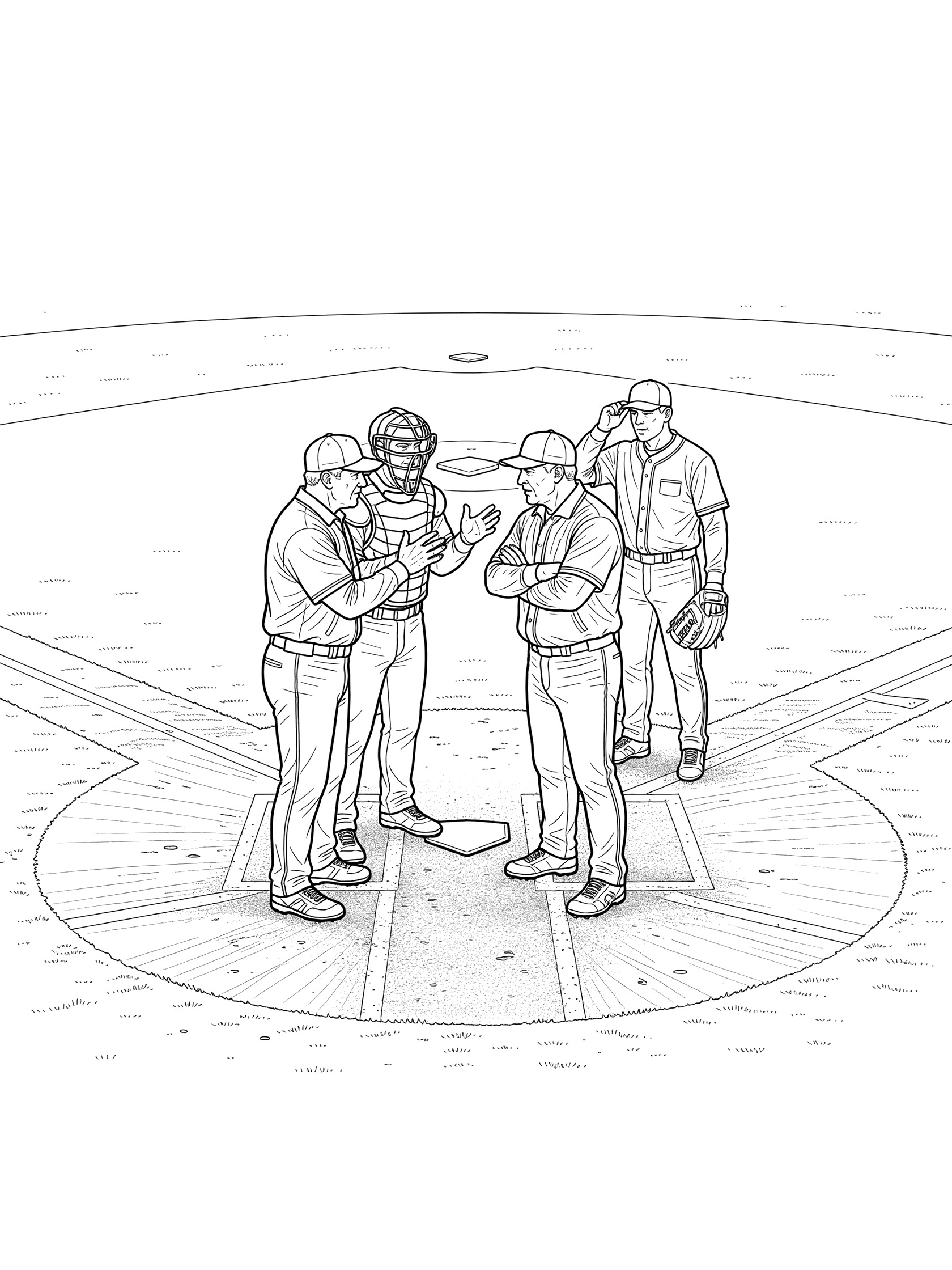 Black and white coloring page of baseball umpire gesturing while conferring with coaches on the pitcher's mound, pitcher waiting nearby, full field view.