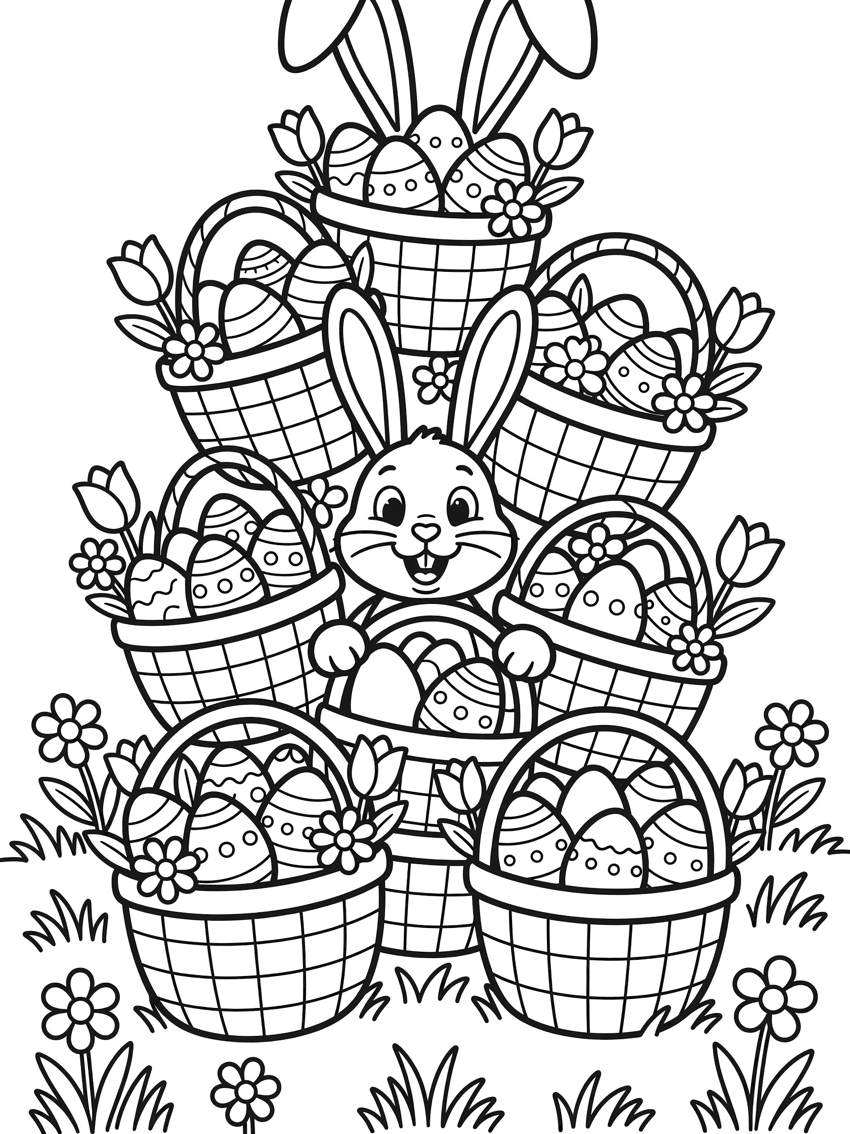 Black and white line art of a happy Easter bunny peeking from a tall wobbly stack of baskets overflowing with eggs and spring flowers in a garden, Easter Bunny Puns theme.