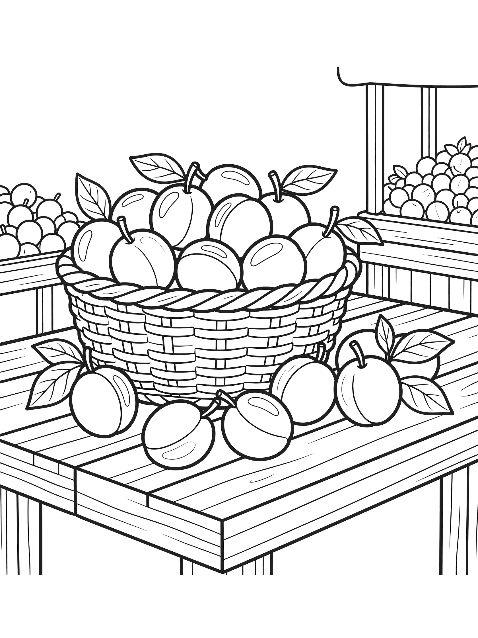 Black and white line art coloring page showing a basket full of plums spilling onto a wooden table with leaves and a market stall background