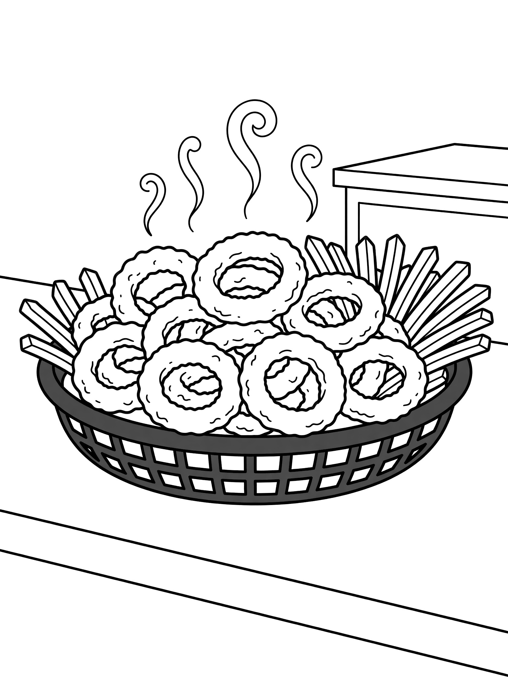 Line art coloring page of onion rings overflowing from a basket with fries on the side and steam curls at a counter
