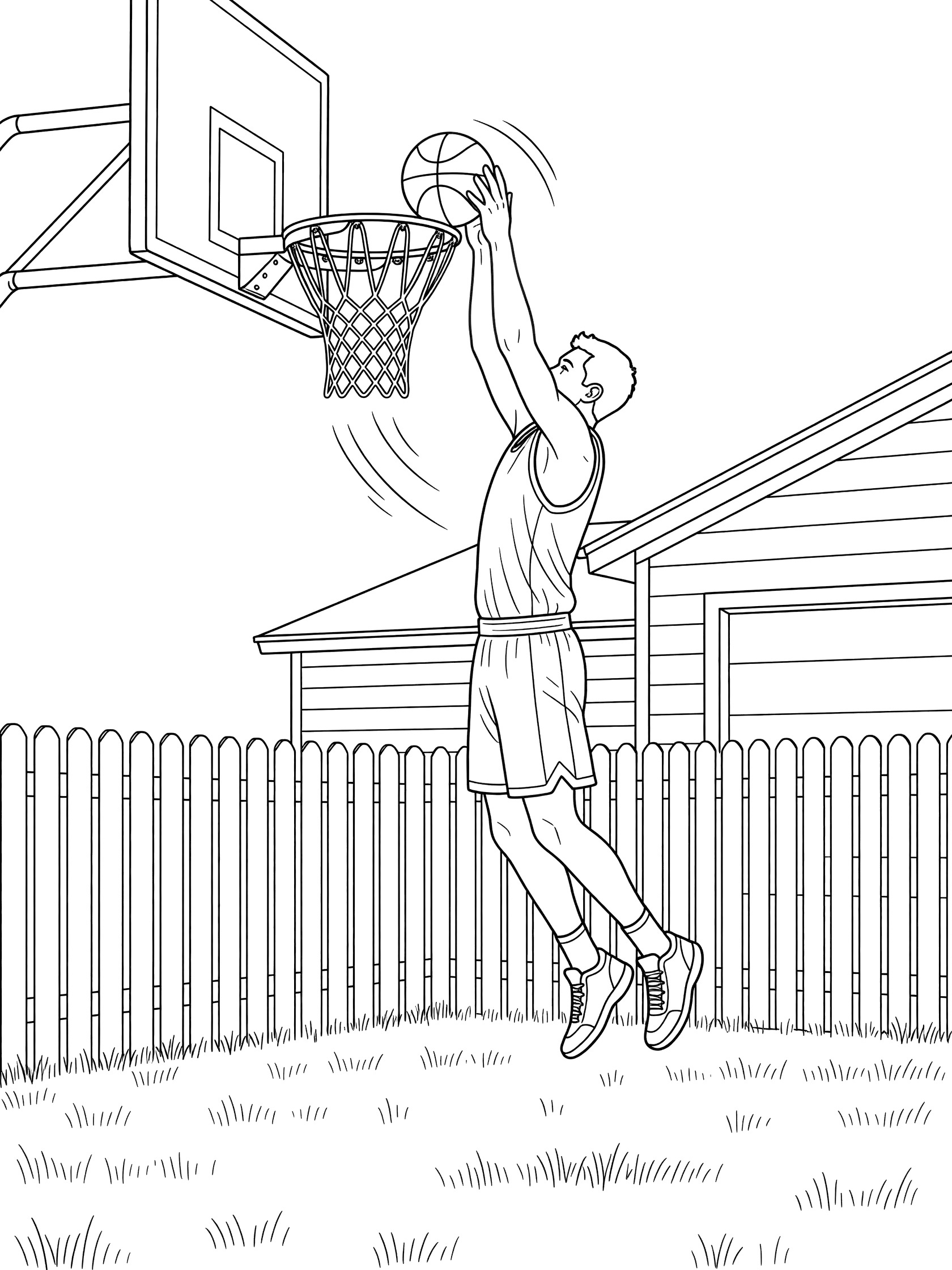Black and white coloring page showing a basketball player leaping to dunk the ball into a backyard basketball hoop mounted on a garage, with fence and grass.