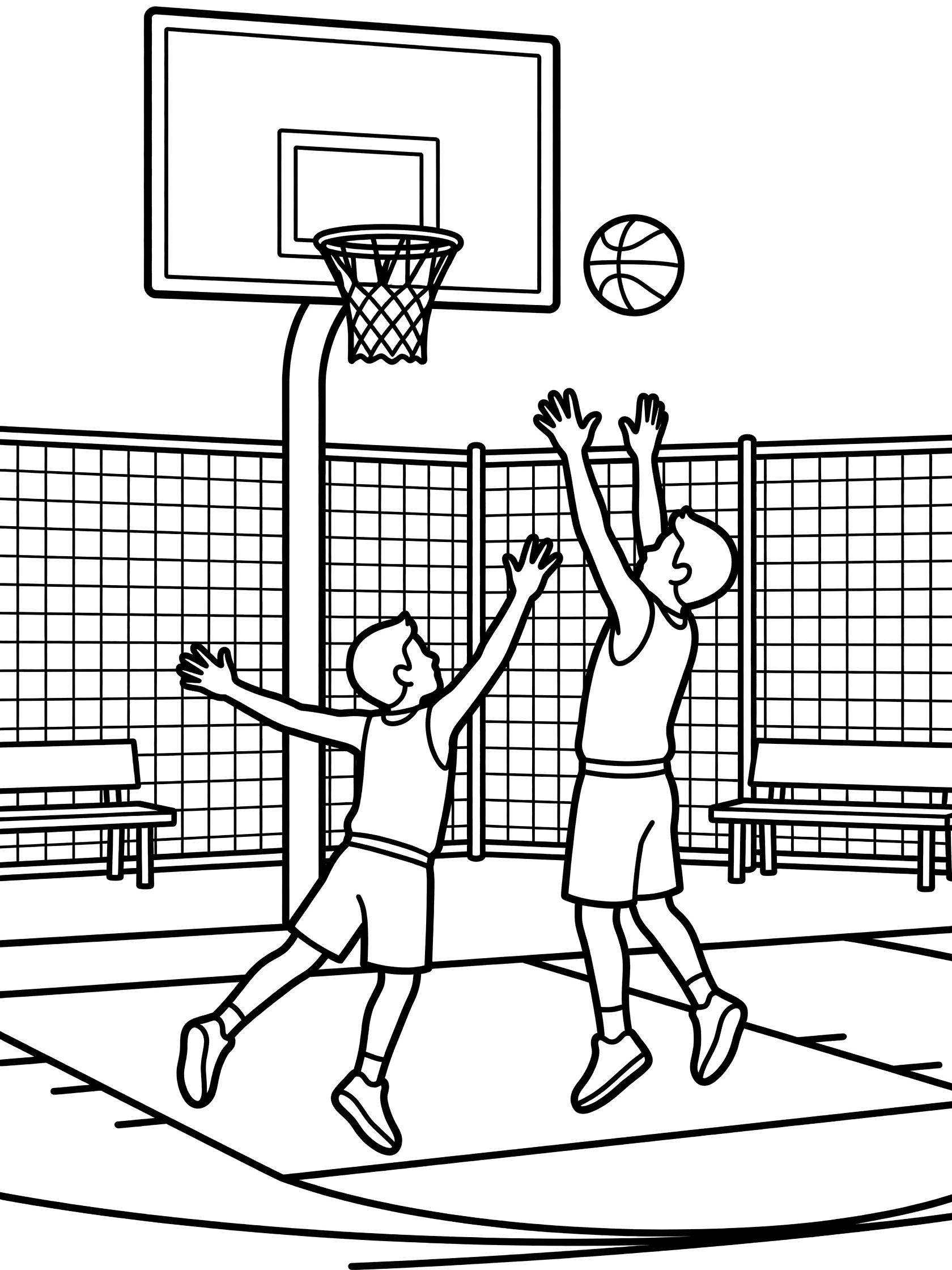 Black and white coloring page showing a basketball player doing a fadeaway jumper, leaning back from a defender's block attempt as the ball goes toward the hoop on an outdoor court with fence and benches.