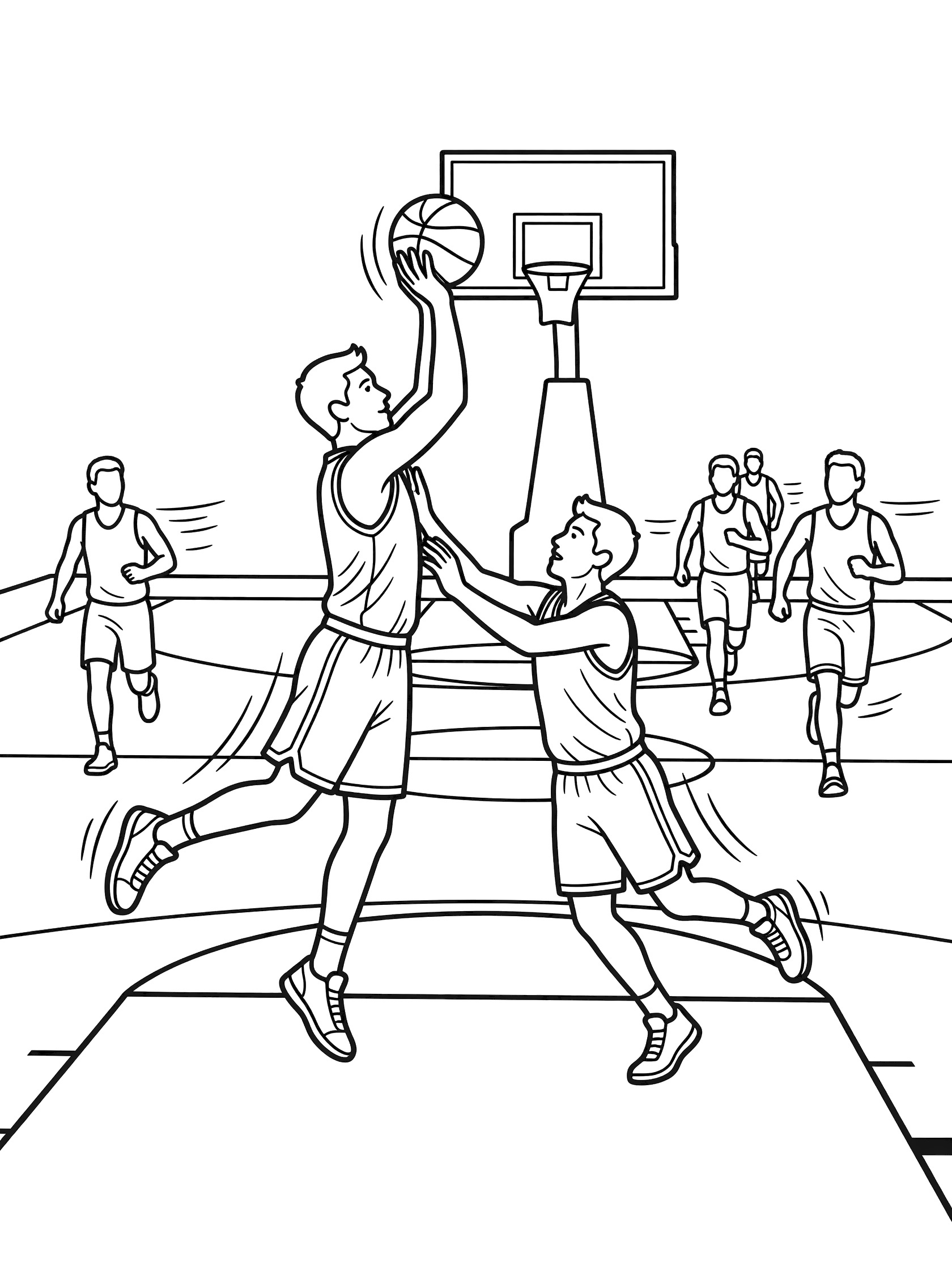 Printable coloring page showing a fadeaway shot in basketball with a player jumping away from a defender, ball heading to the rim, and trailing teammates on an indoor court.