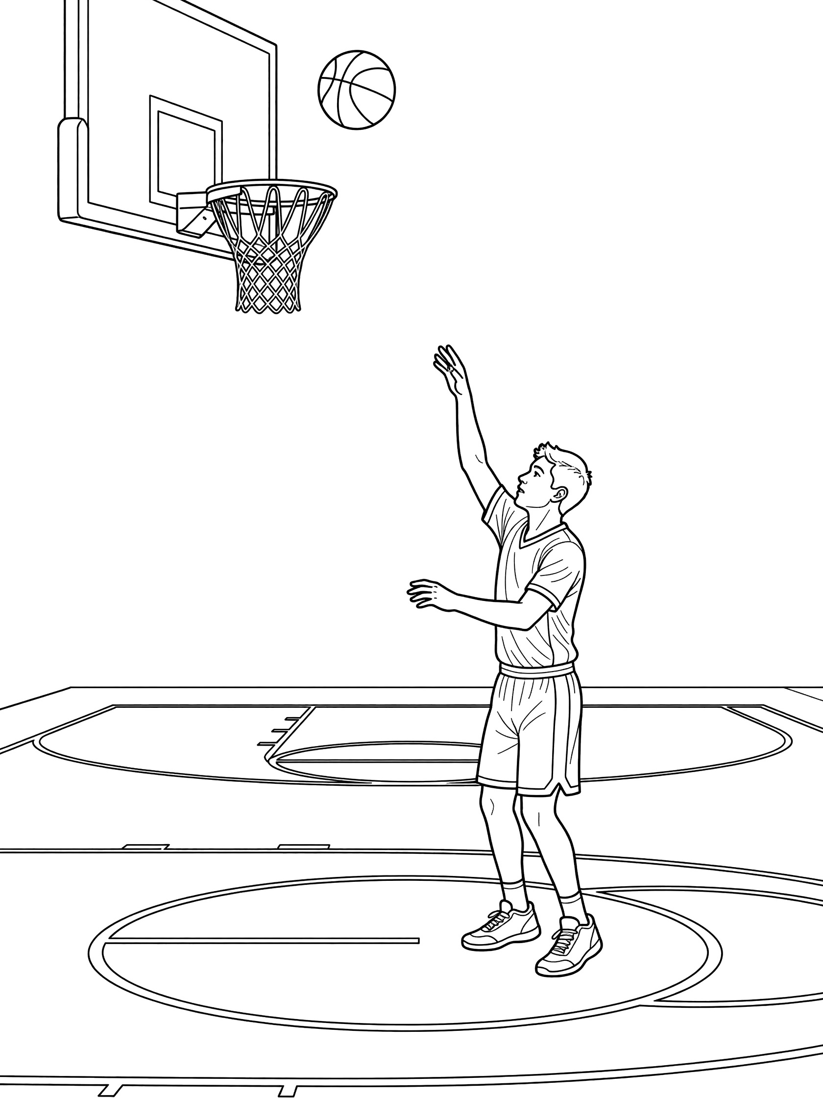Black and white line art of a basketball player shooting a free throw with ball arcing to the hoop, backboard, net, and gym court details.