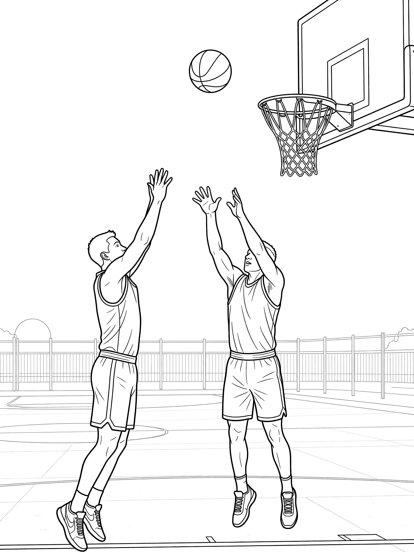 Black-and-white coloring page of basketball players mid-jump shooting free throw toward hoop on outdoor court