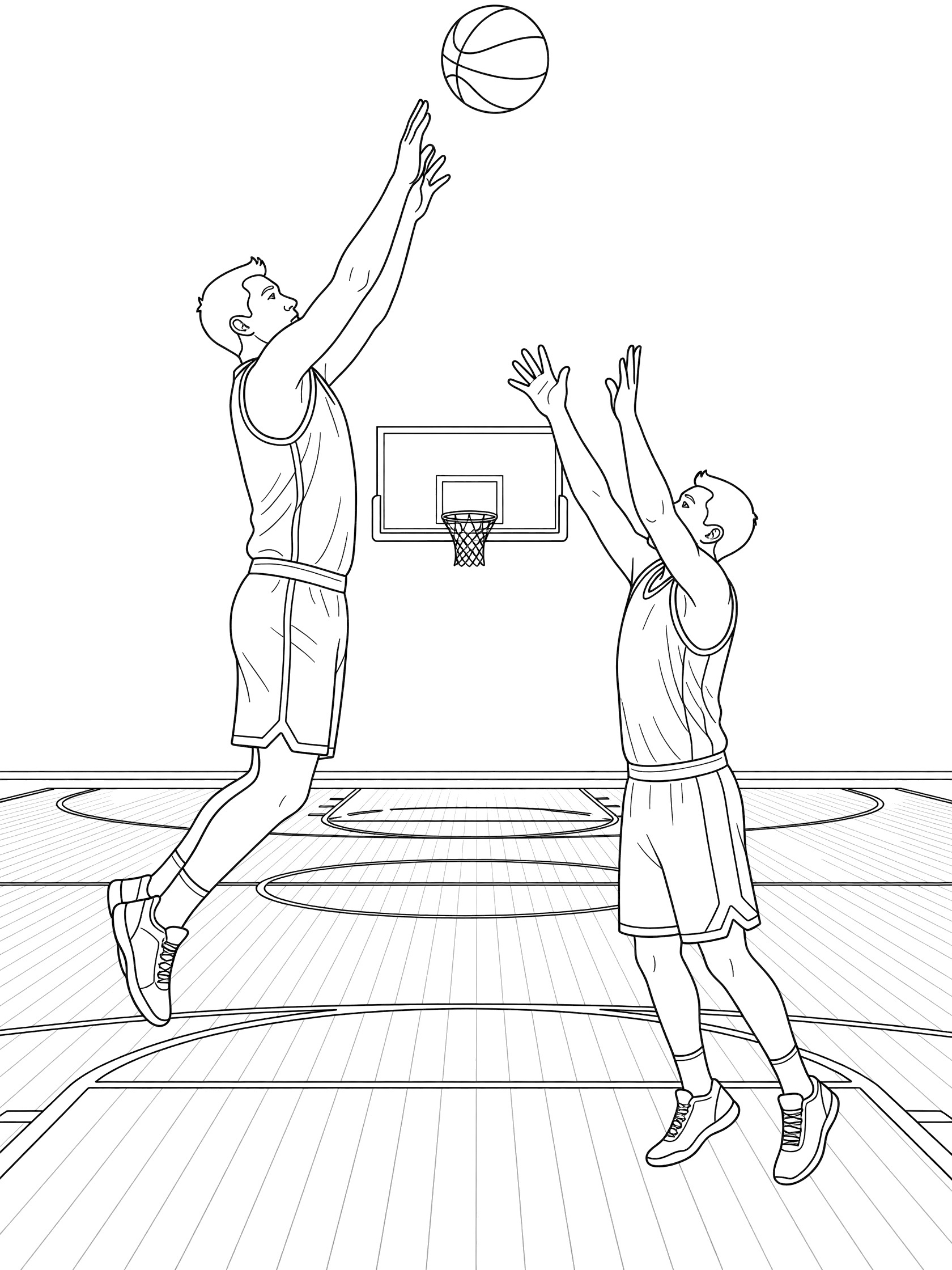 Black and white line art coloring page showing a basketball player doing a hook shot over a defender reaching up, with the ball in the air near the hoop on a court.