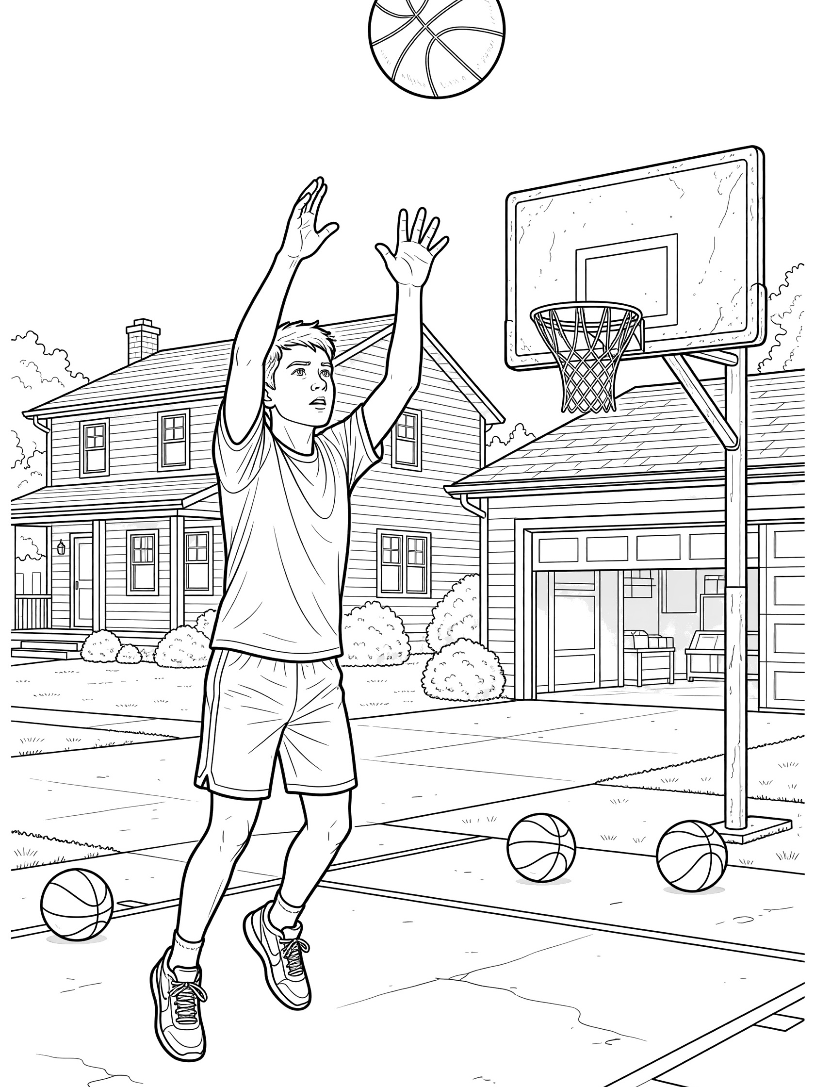 Black-and-white coloring page of a basketball player doing a hook shot towards a driveway hoop, ball in high arc, house and garage in background.