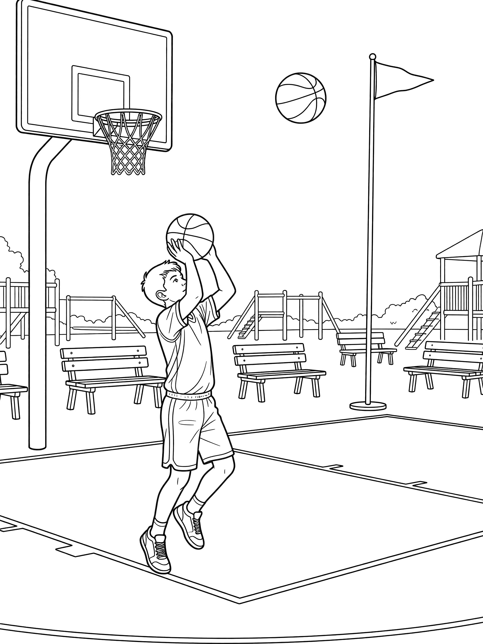 Black and white coloring page of a player shooting a hook shot towards the basketball hoop on a school playground with benches and flagpole.