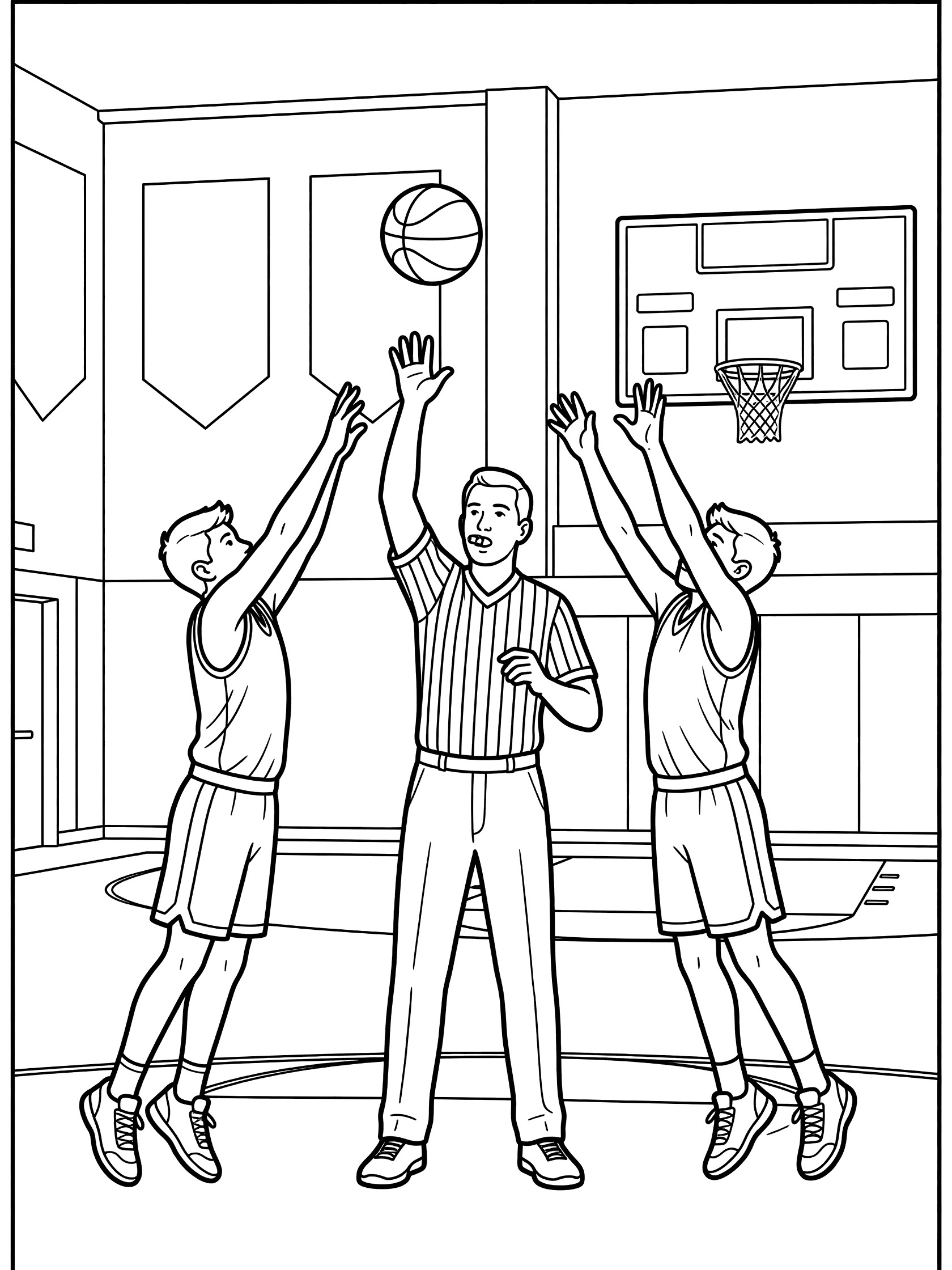 Black and white line art of referee standing tall tossing basketball straight up between two jumping basketball players in a school gymnasium with banners and scoreboard.