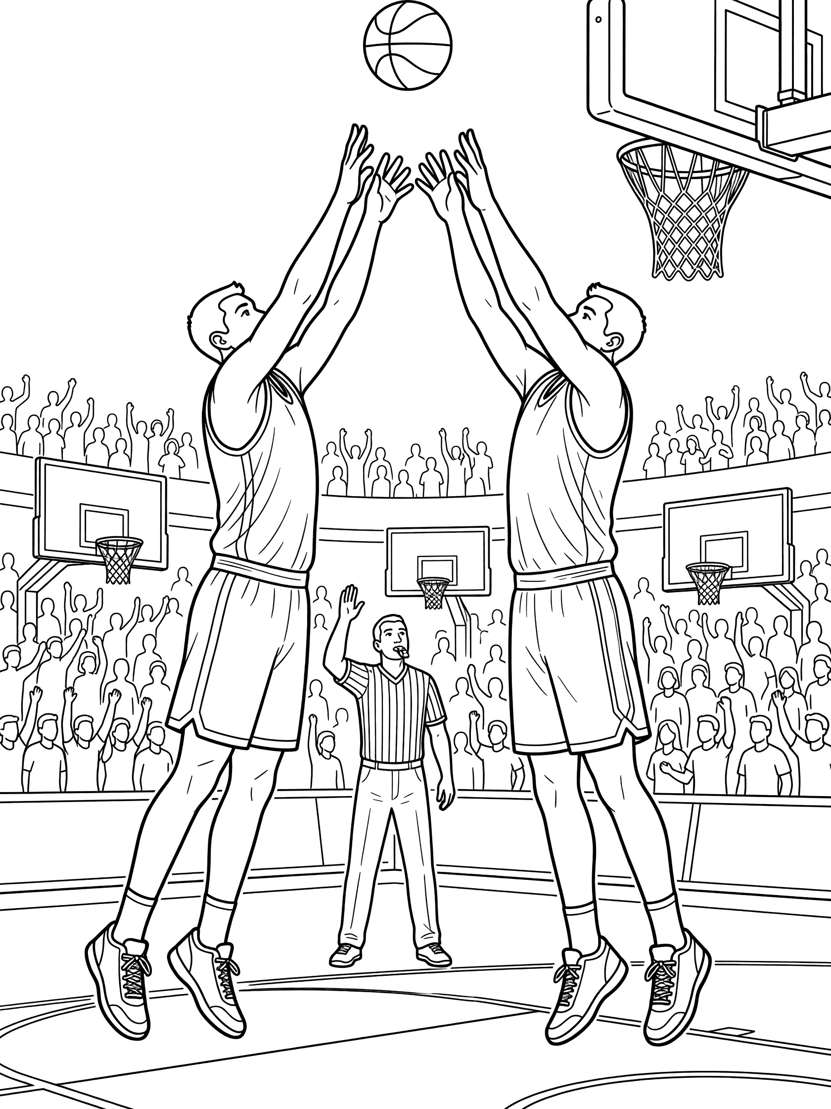 Black and white line art of basketball jump ball with two players reaching up for the ball, referee in center, crowd silhouettes, and multiple basketball hoops.