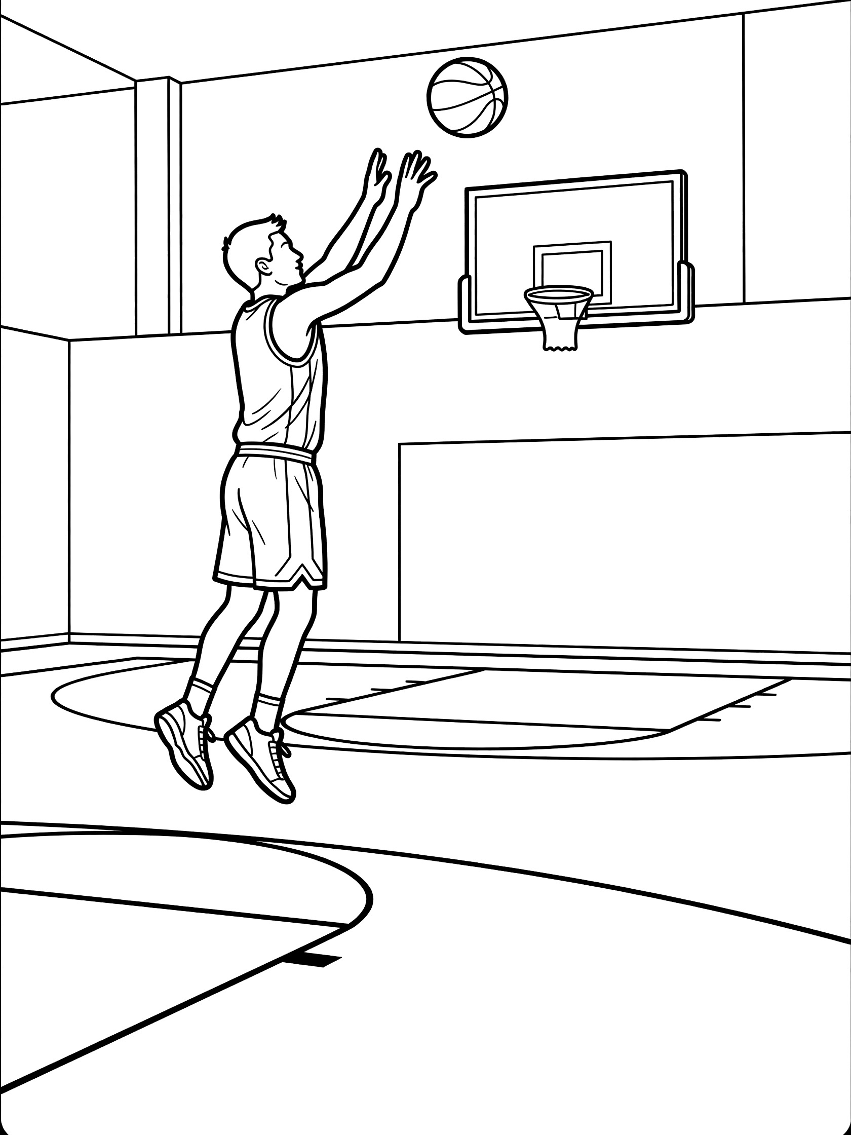 Black and white line art of a basketball player jumping for a jump shot towards the hoop in a gym with court lines and wall backboard.