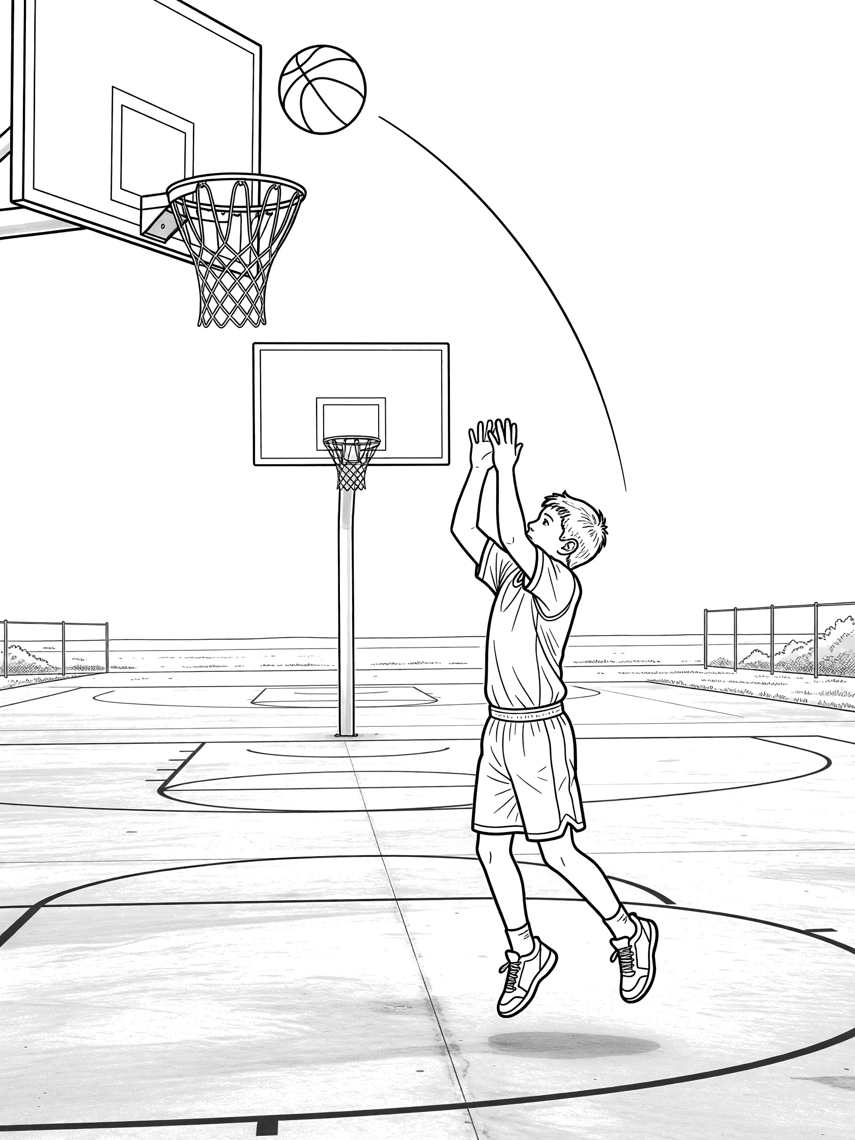 Black and white line art of a kid doing a jump shot on an outdoor basketball court, ball arcing to the hoop with backboard and chain net.