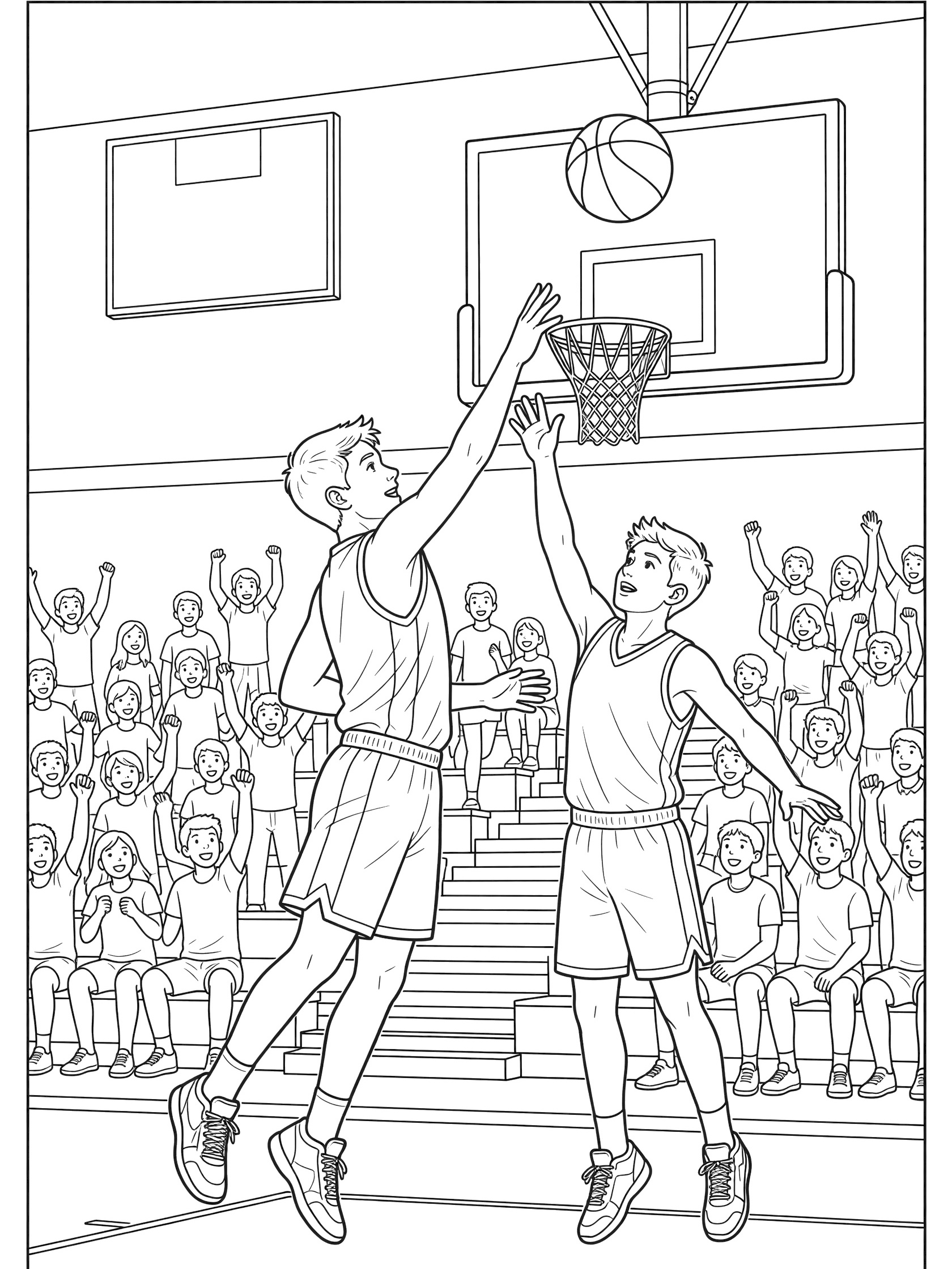 Black and white line art of a contested basketball jump shot in a school gymnasium, player releasing ball mid-jump with defender nearby, crowd cheering from bleachers.