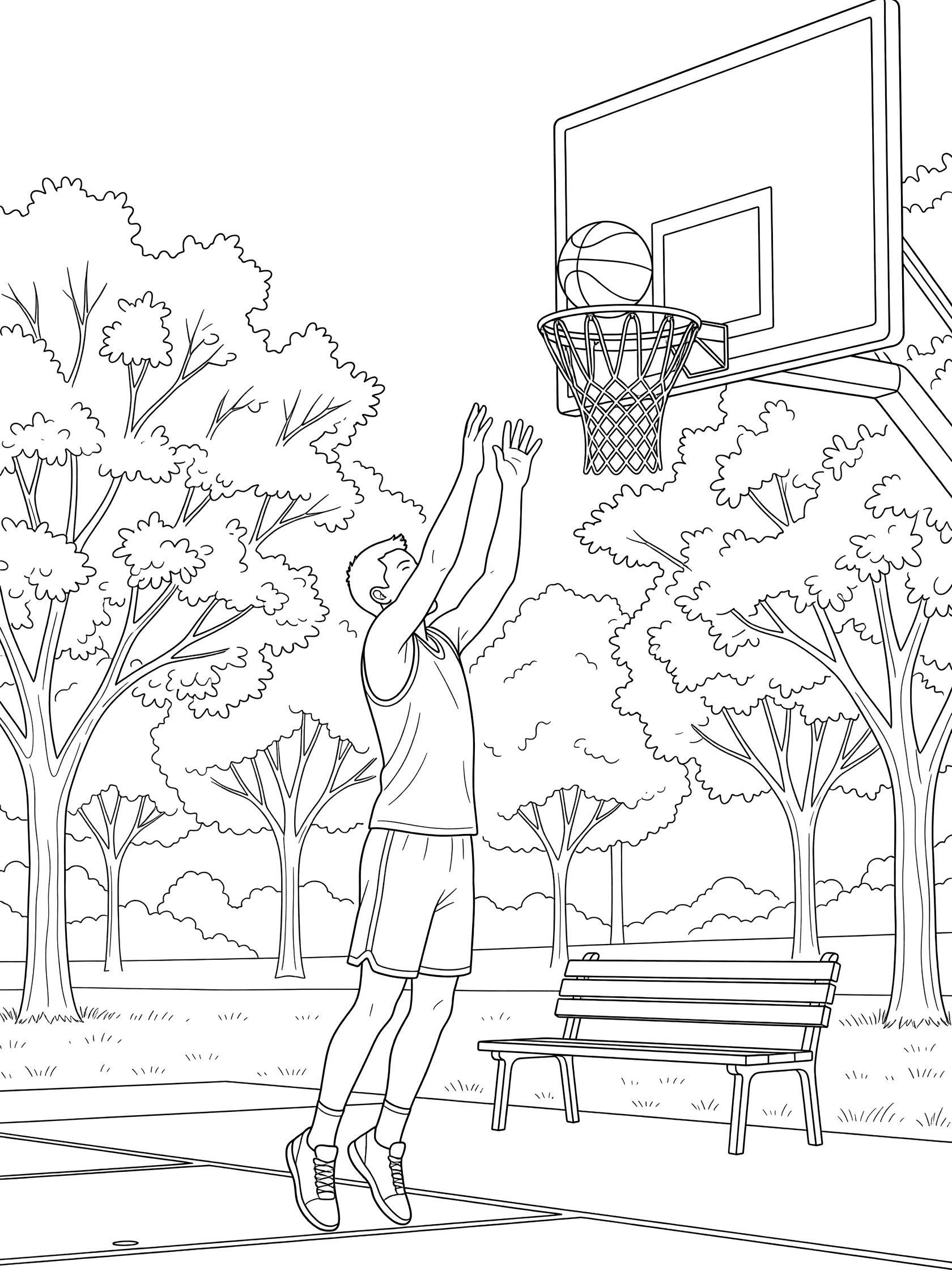 Black and white line art of a player leaping for a jump shot on a park basketball court with hoop, ball, trees, and bench.