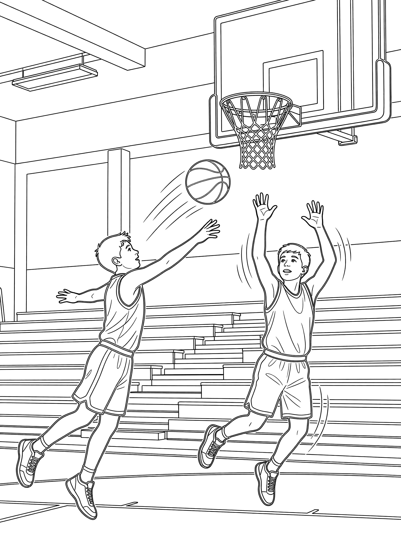 Line art coloring page showing a basketball layup with teammate assist: player passing ball to teammate driving for layup near hoop in gym with bleachers.