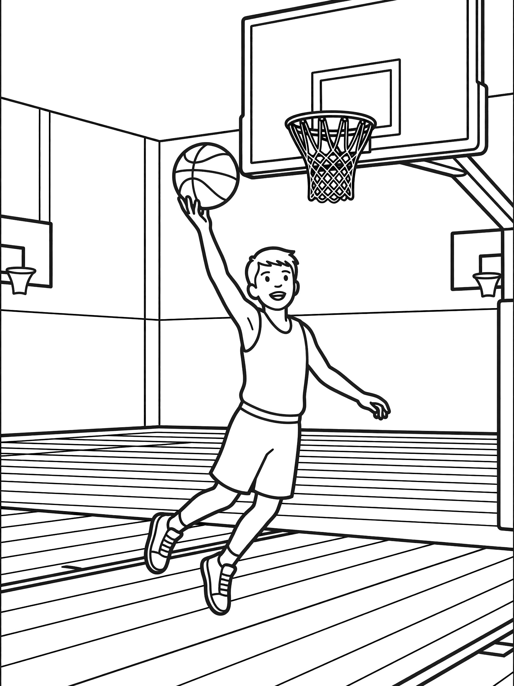 Young boy basketball player in mid-air layup, extending the ball to the rim while wearing a tank top and shorts, in a gymnasium with backboards and wooden court.