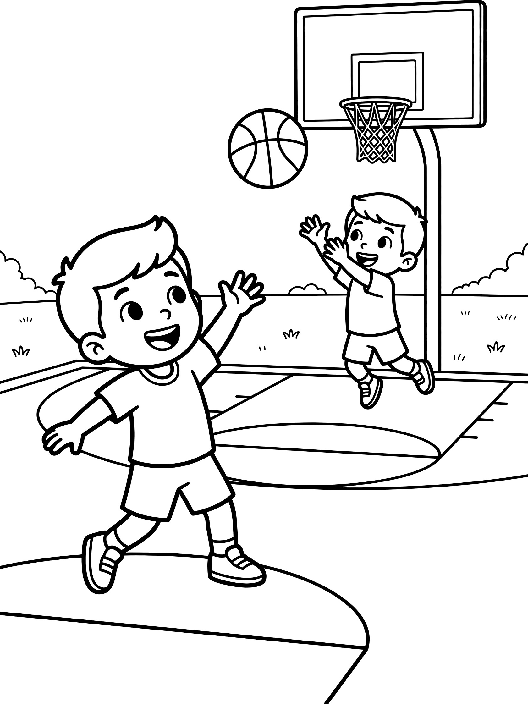 Black and white coloring page showing two cartoon boys playing basketball on a sunny park court. Front boy does an over-the-shoulder no-look pass, back boy jumps near the basket.