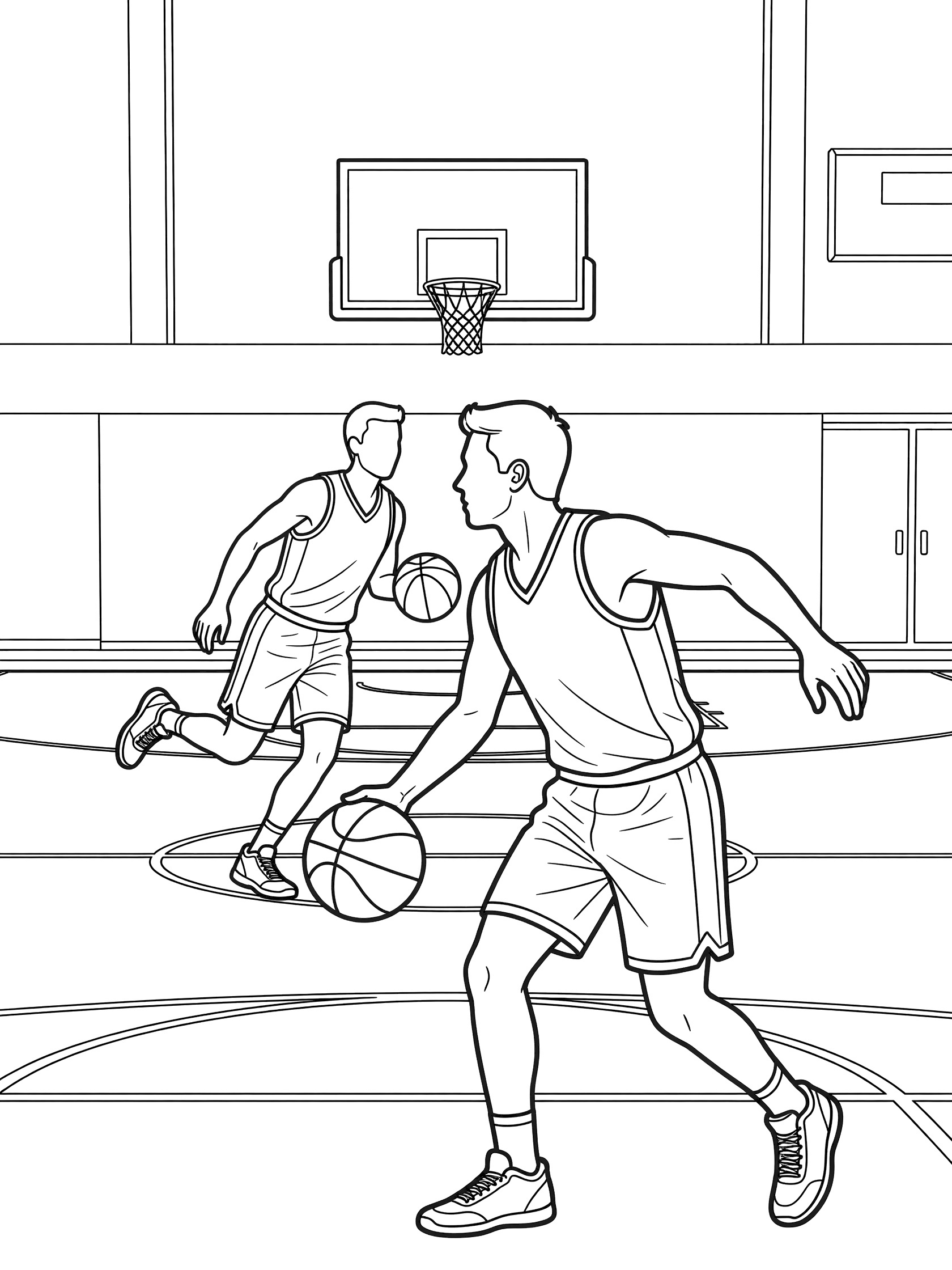 Black and white line art of two basketball players in gym: one dribbles and does behind-the-back no-look pass, other runs to hoop.