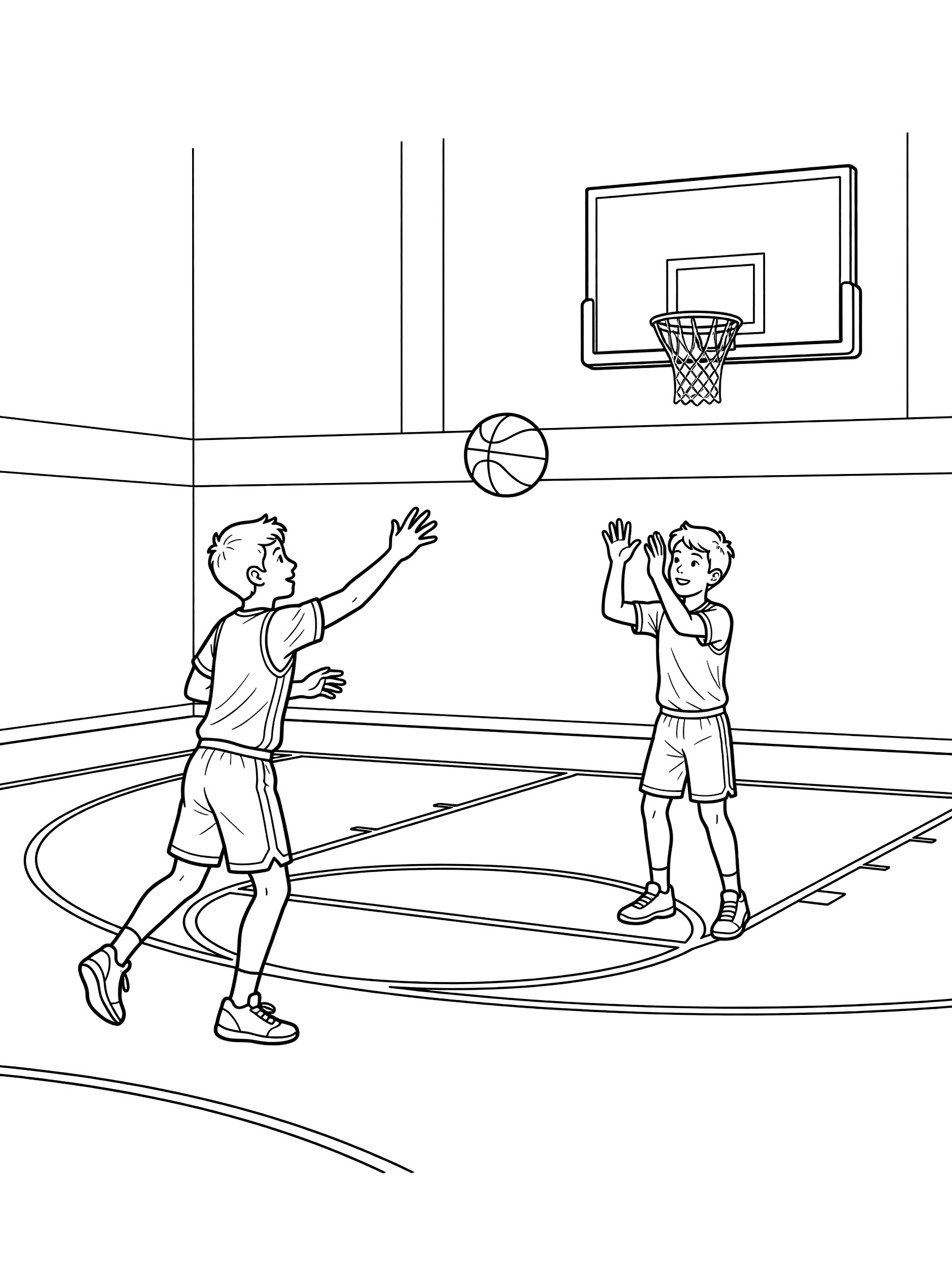 Black and white line art of two boys playing basketball with a no-look pass in a school gymnasium, ball in mid-air near the hoop.
