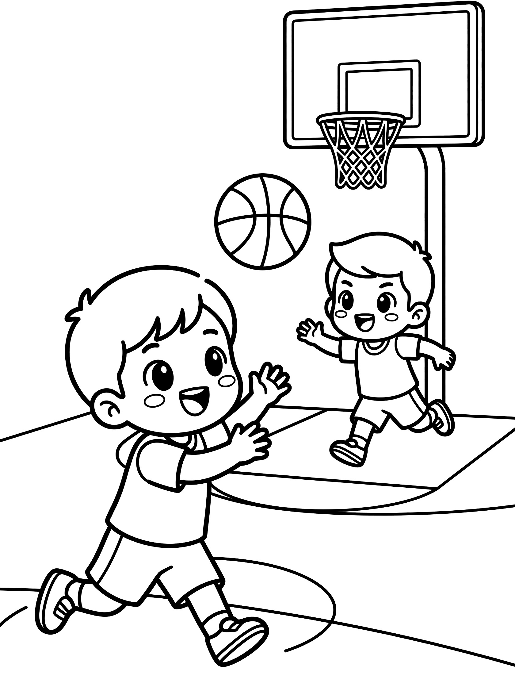 Black and white line art of two kids playing basketball on playground court, one in mid-stride doing no-look pass to the other running toward hoop.