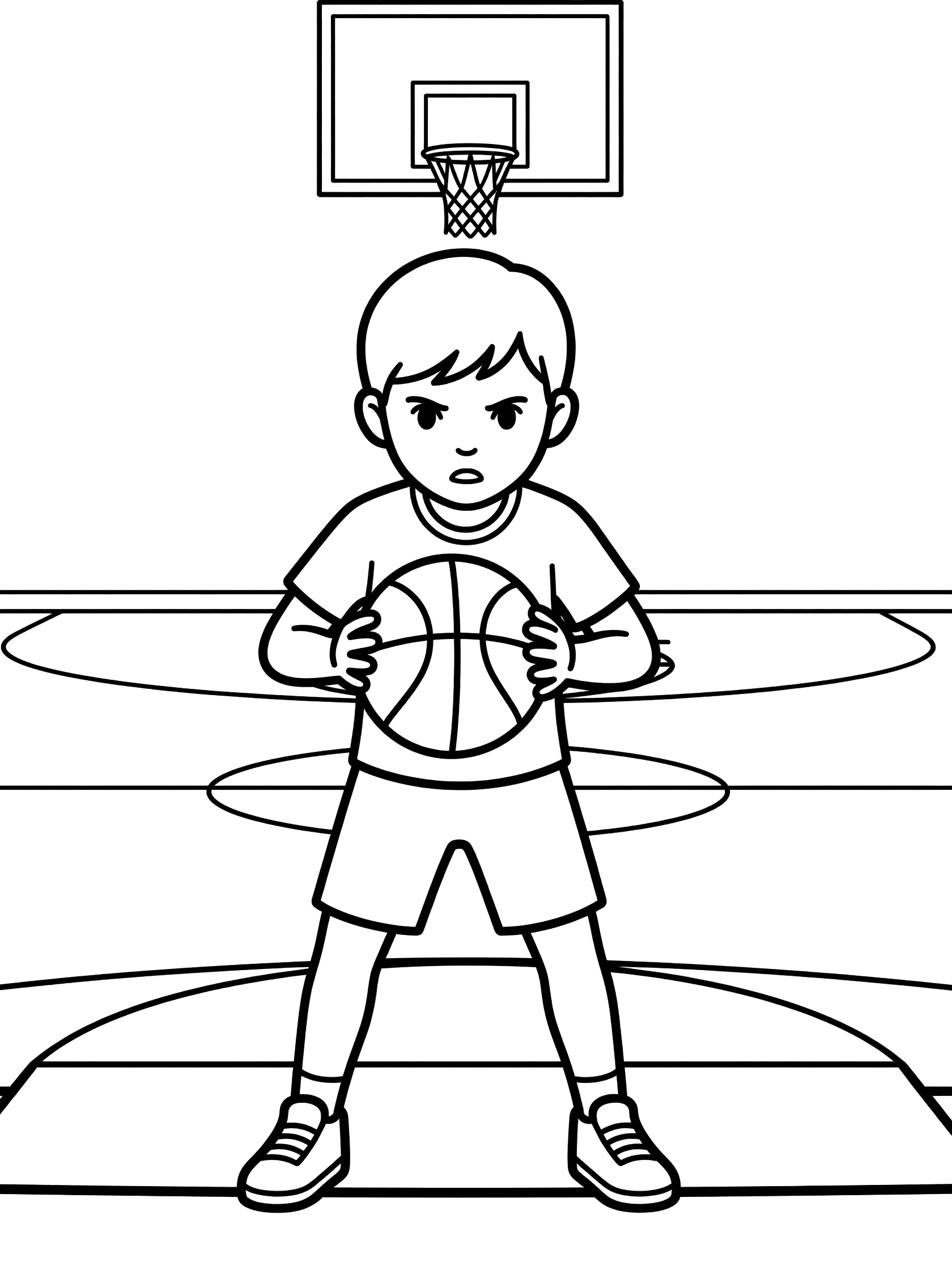 Black and white coloring page of a young boy basketball player at the free throw line, holding ball at chest level with bent knees, gym court and hoop visible.