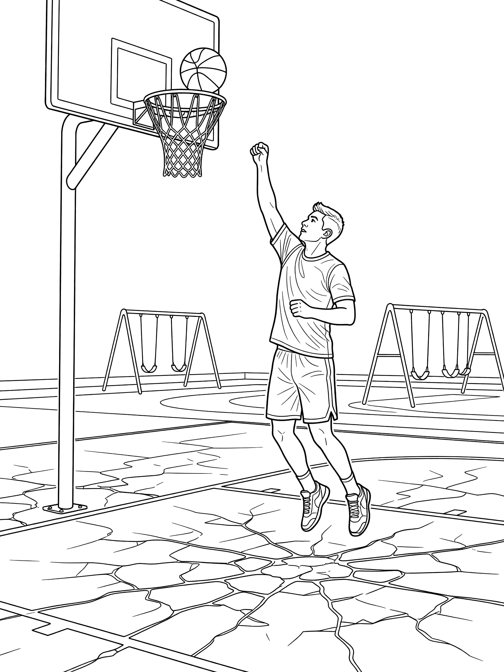 Line art coloring page showing excited basketball player celebrating successful free throw on playground court with ball on rim, hoop stand, pavement cracks, and distant swings.
