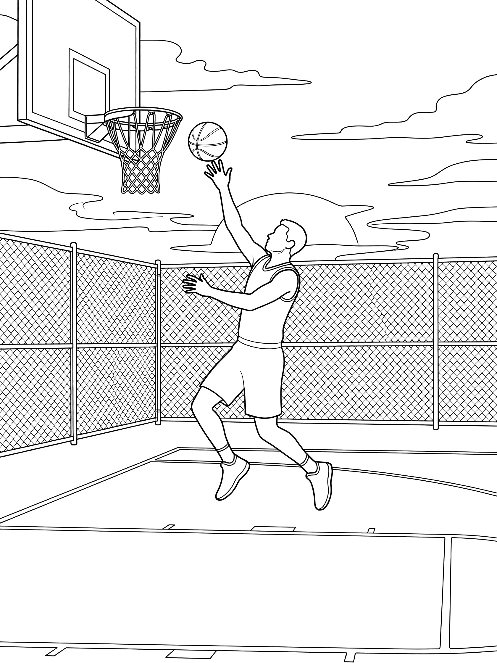 Line drawing of basketball player jumping and spinning for a reverse layup, releasing the ball near the backboard on outdoor court with fence and sunset outline.