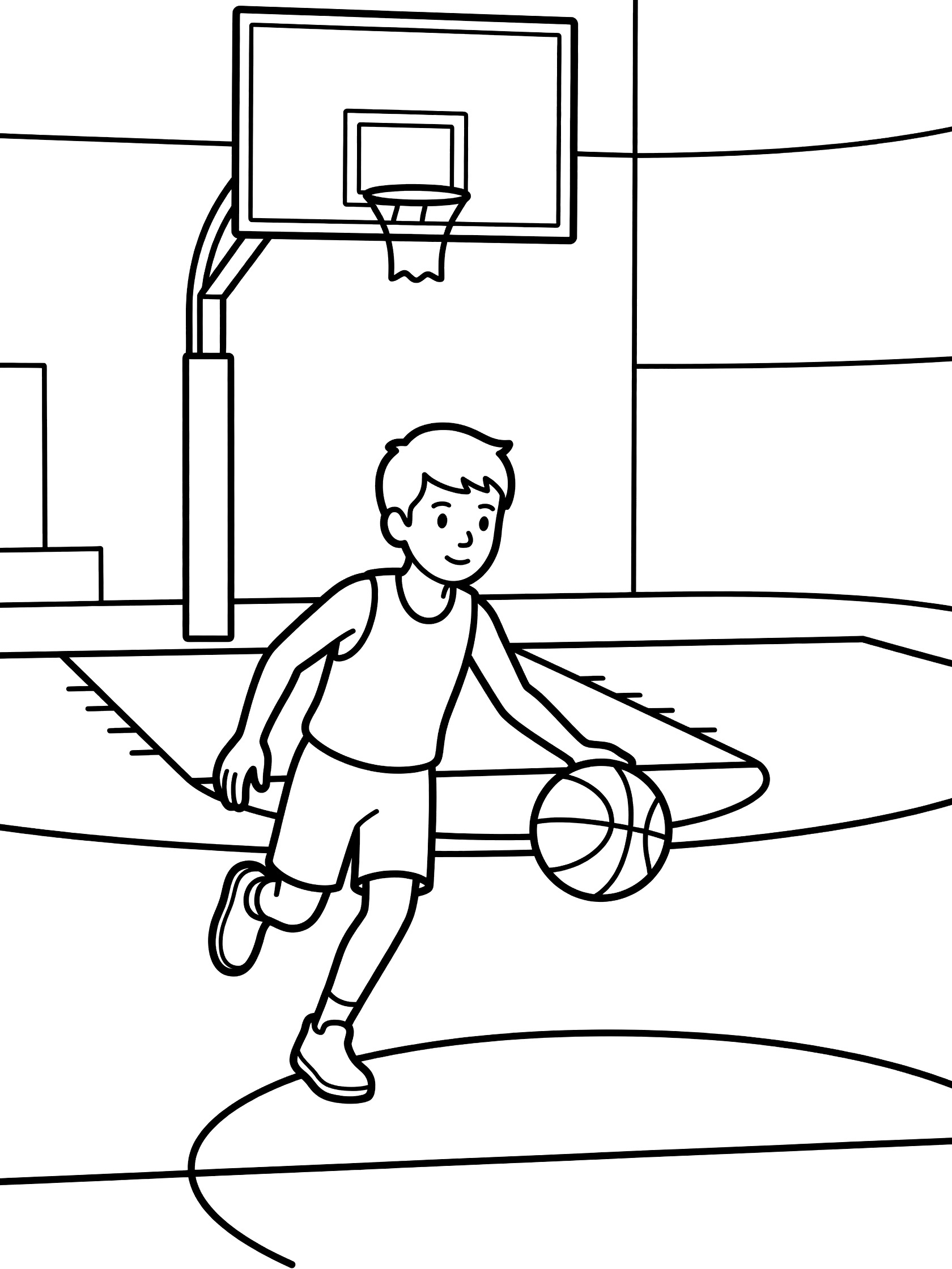 Black and white line art of a kid dribbling a basketball towards the hoop on a basketball court with backboard and court lines.