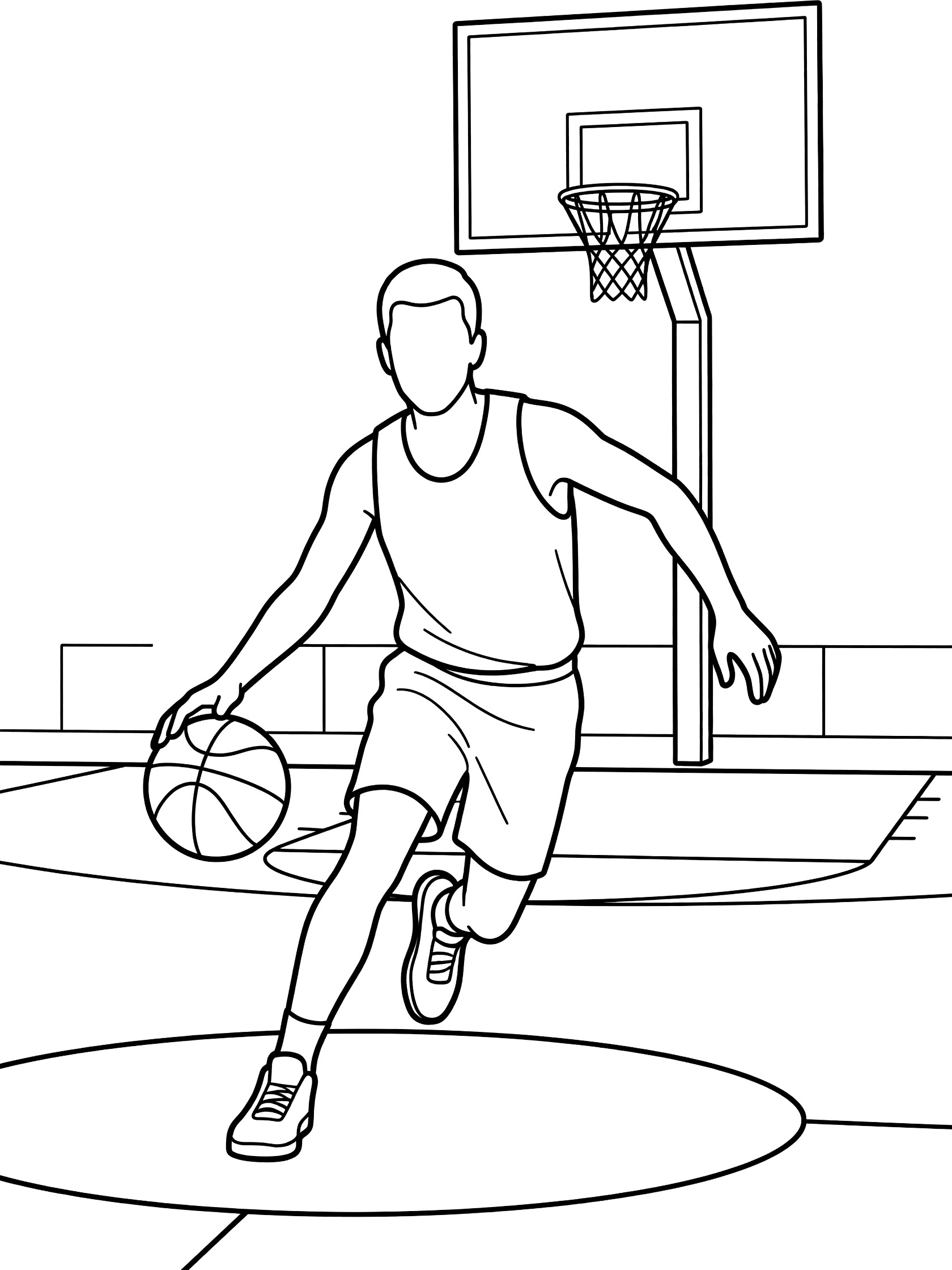 Black-and-white coloring page of a basketball player dribbling a ball on an outdoor court with backboard and hoop in the background
