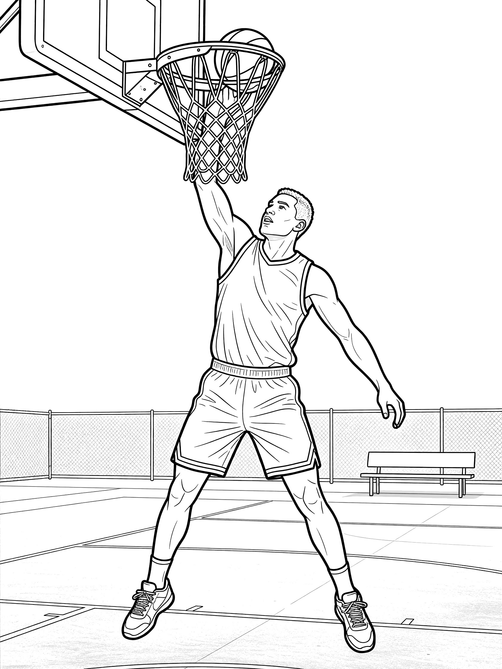 Black and white coloring page showing a basketball player jumping high to dunk the ball over the rim on a playground with chain net and sneakers.