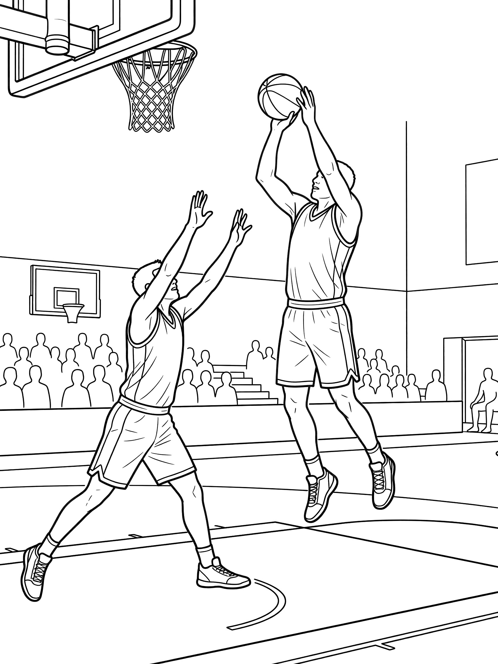 Black and white line art of basketball player doing fadeaway jump shot over defender, releasing ball toward rim in indoor gym.