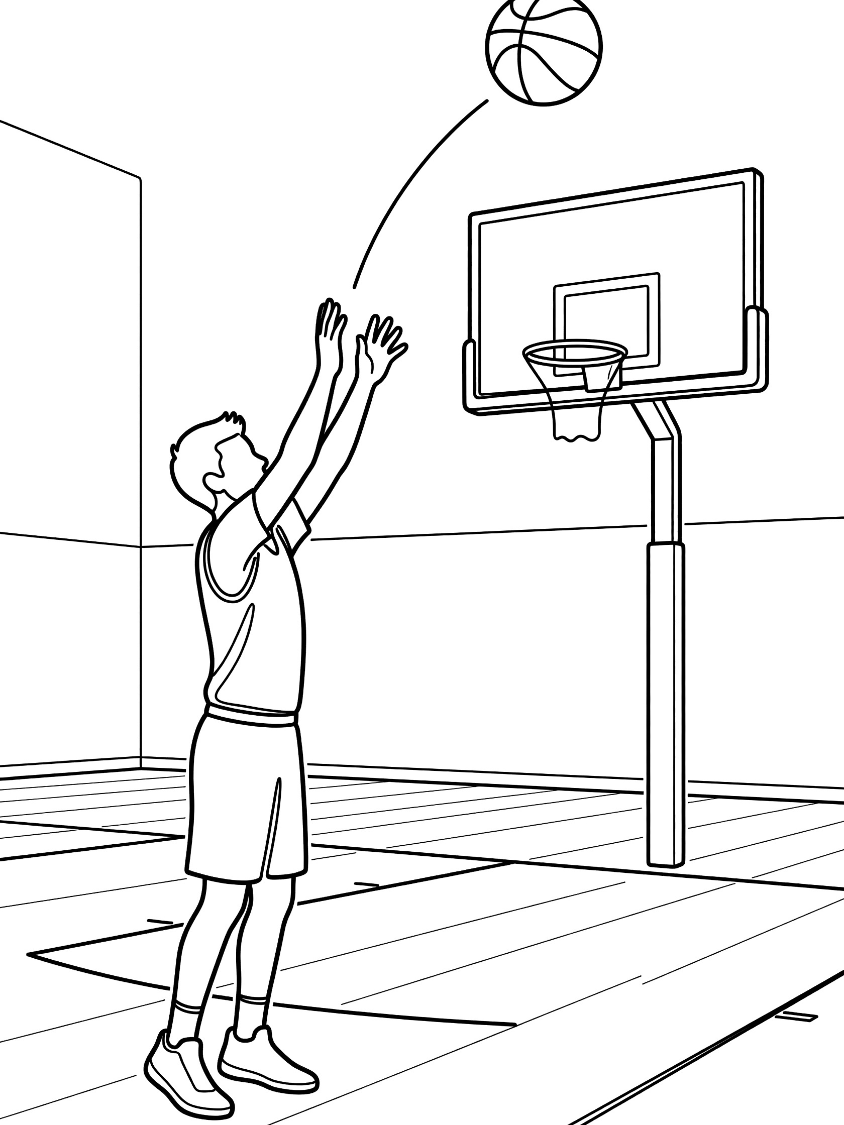 Black and white line art of a player doing a hook shot with basketball toward the rim in a gym