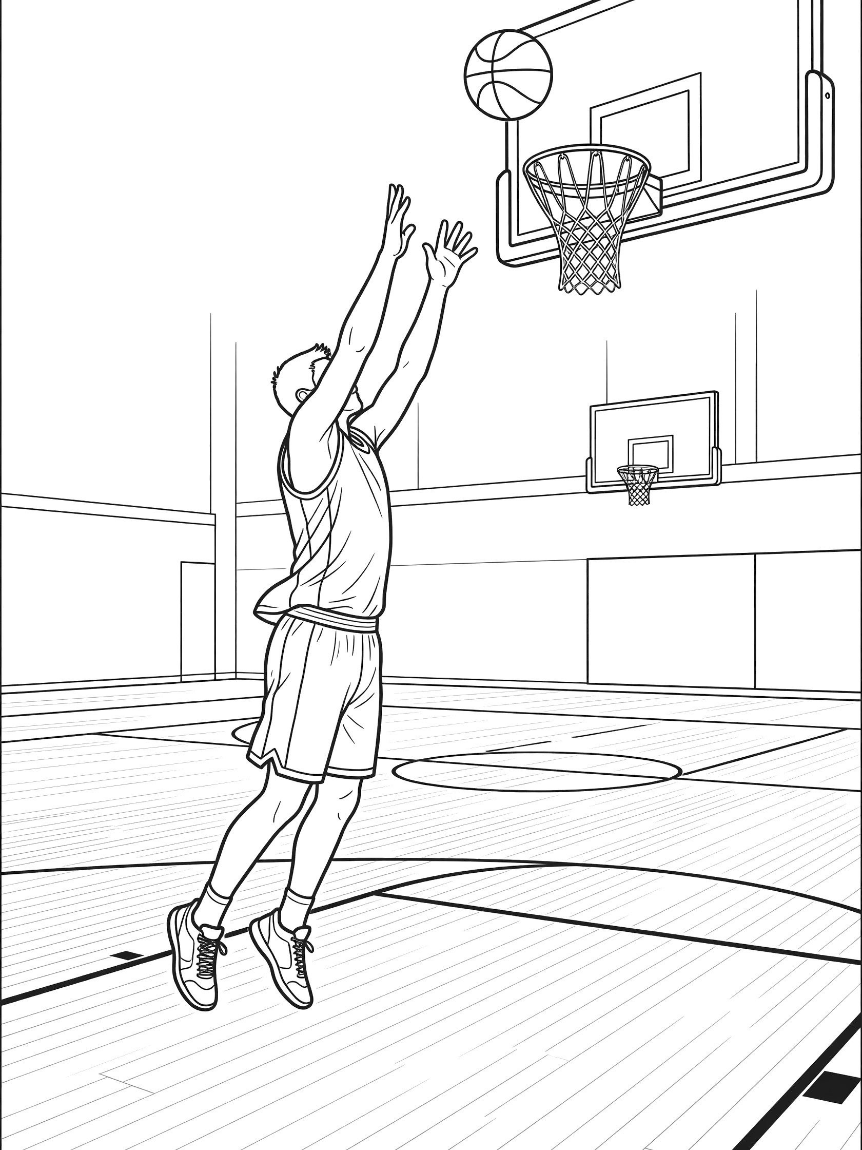 Basketball player in mid-jump shooting a basketball toward the hoop and backboard in a gym coloring page