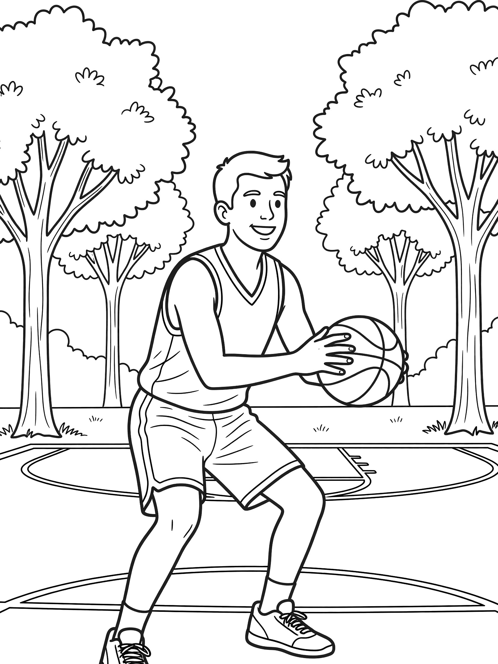 Black and white coloring page of a smiling basketball player crouching to pass a basketball on a park court surrounded by trees.