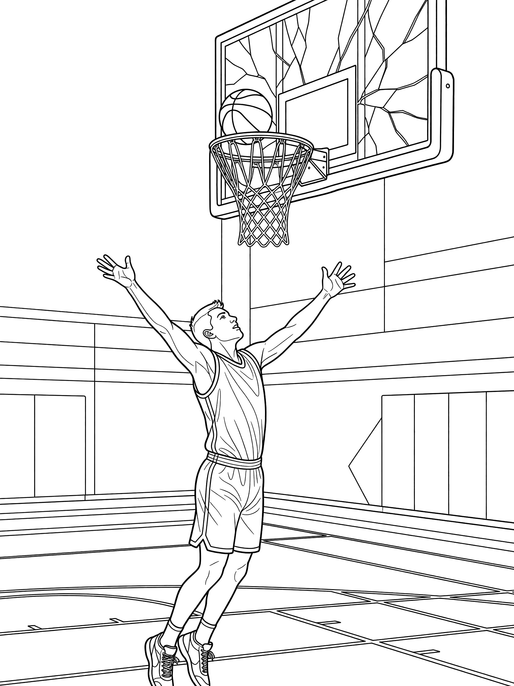 Black and white line art of basketball player reaching up to grab rebounding ball from basketball hoop with cracked backboard and net in gym setting.