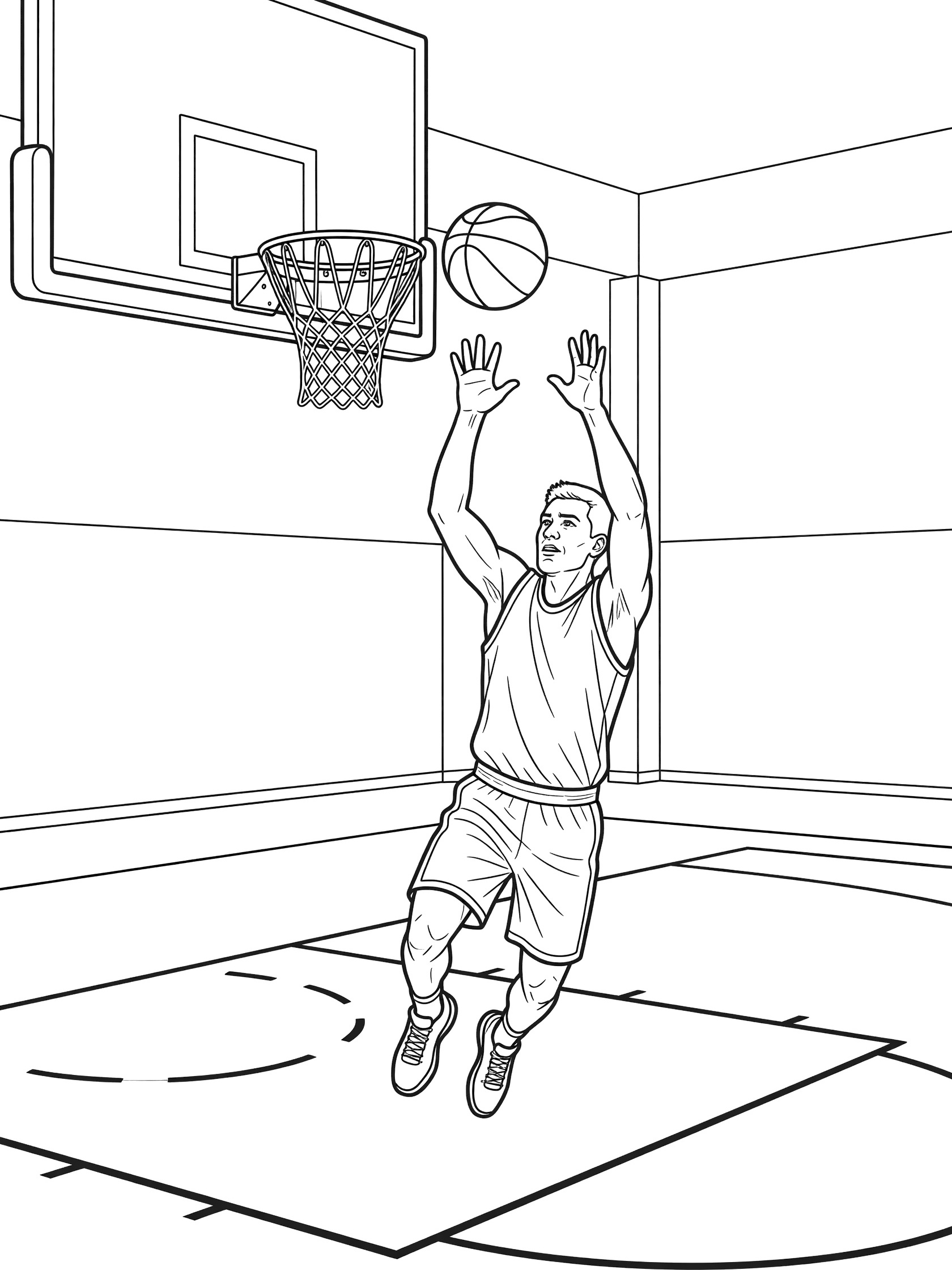 Basketball player reaching up with elbows out to grab the rebounding basketball under the indoor basket, with backboard and gym floor markings.