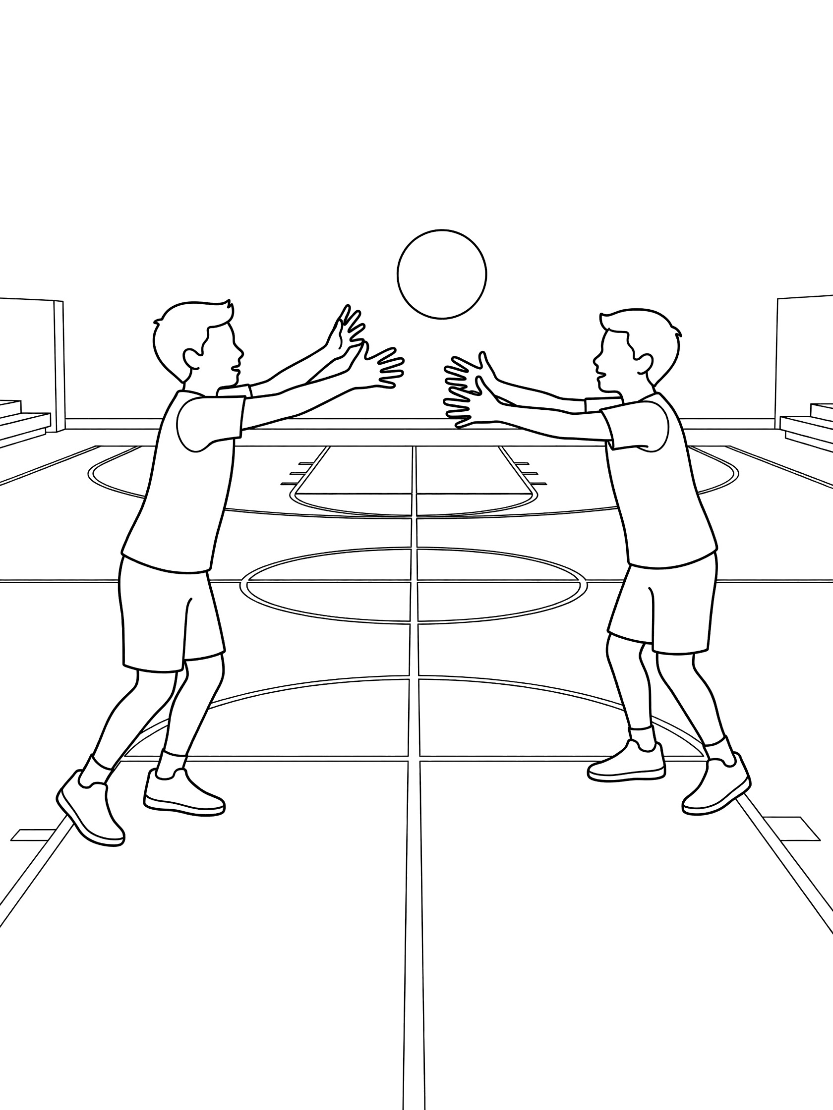 Black and white line art of two boys in shorts passing a basketball over the half-court line on a school gym basketball court with free-throw circle and sidelines.