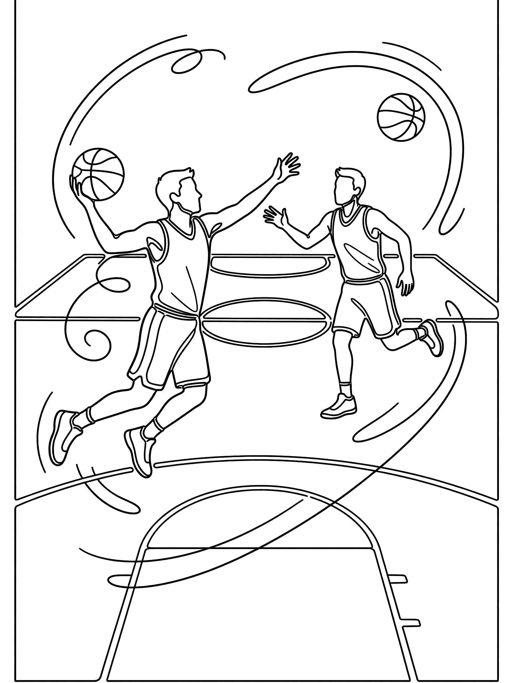Black-and-white coloring page showing a player securing a rebound with one hand while passing the basketball to a running teammate, surrounded by motion swirls and hoops.