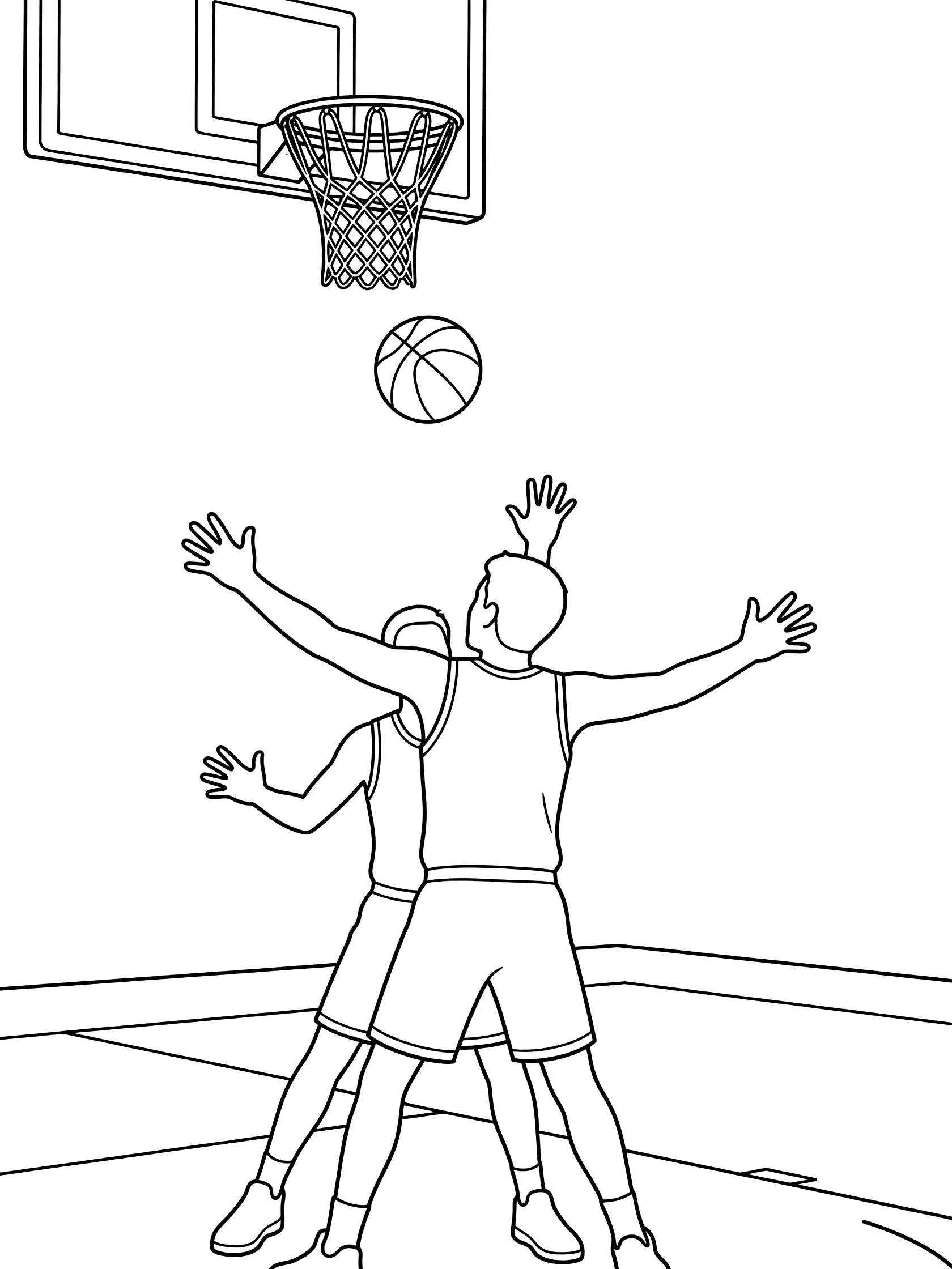 Black and white line art of two basketball players boxing out for rebound under the hoop with ball falling from above