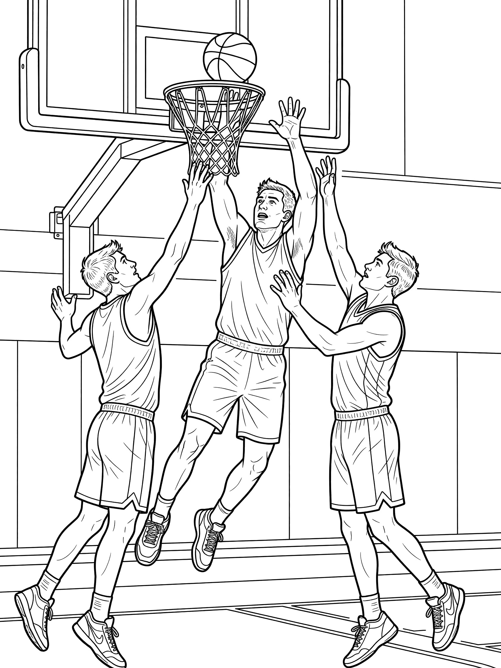 Black and white line art of three basketball players jumping for a rebound. One player grabs the ball off the rim while two defenders reach nearby. Detailed hoop and backboard in gym setting.