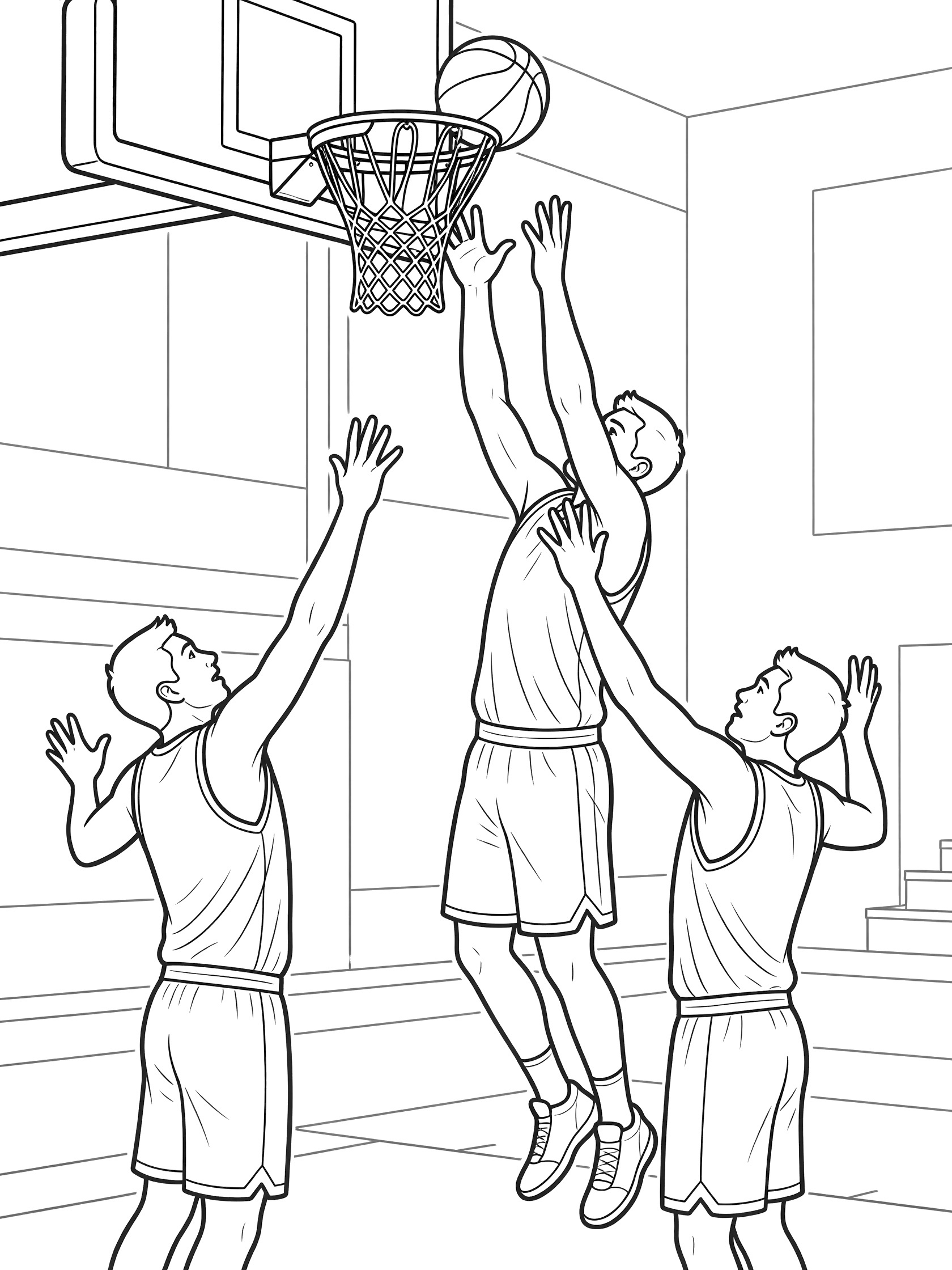 Black and white line art coloring page showing a tall basketball player jumping to grab a rebound above two reaching opponents, with the ball off the backboard near the hoop.