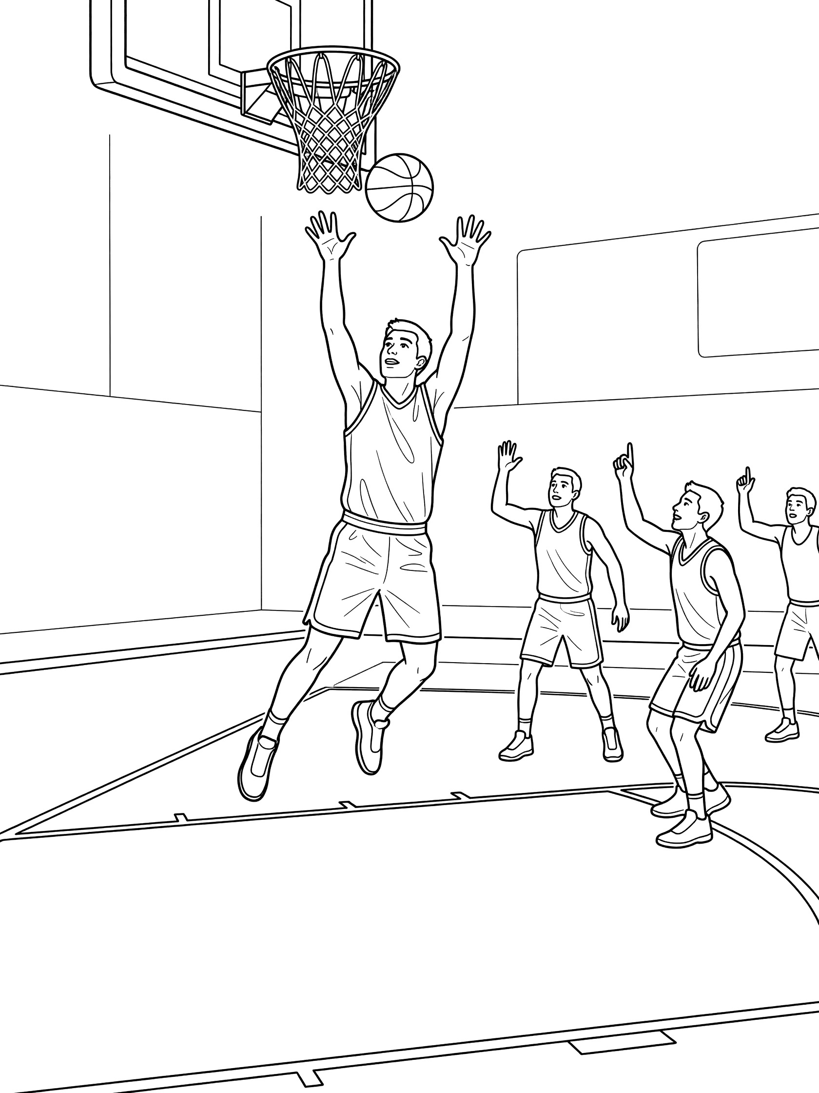 Black and white line art of a player jumping high to rebound the basketball under the indoor hoop with backboard, watching teammates, and court key area.