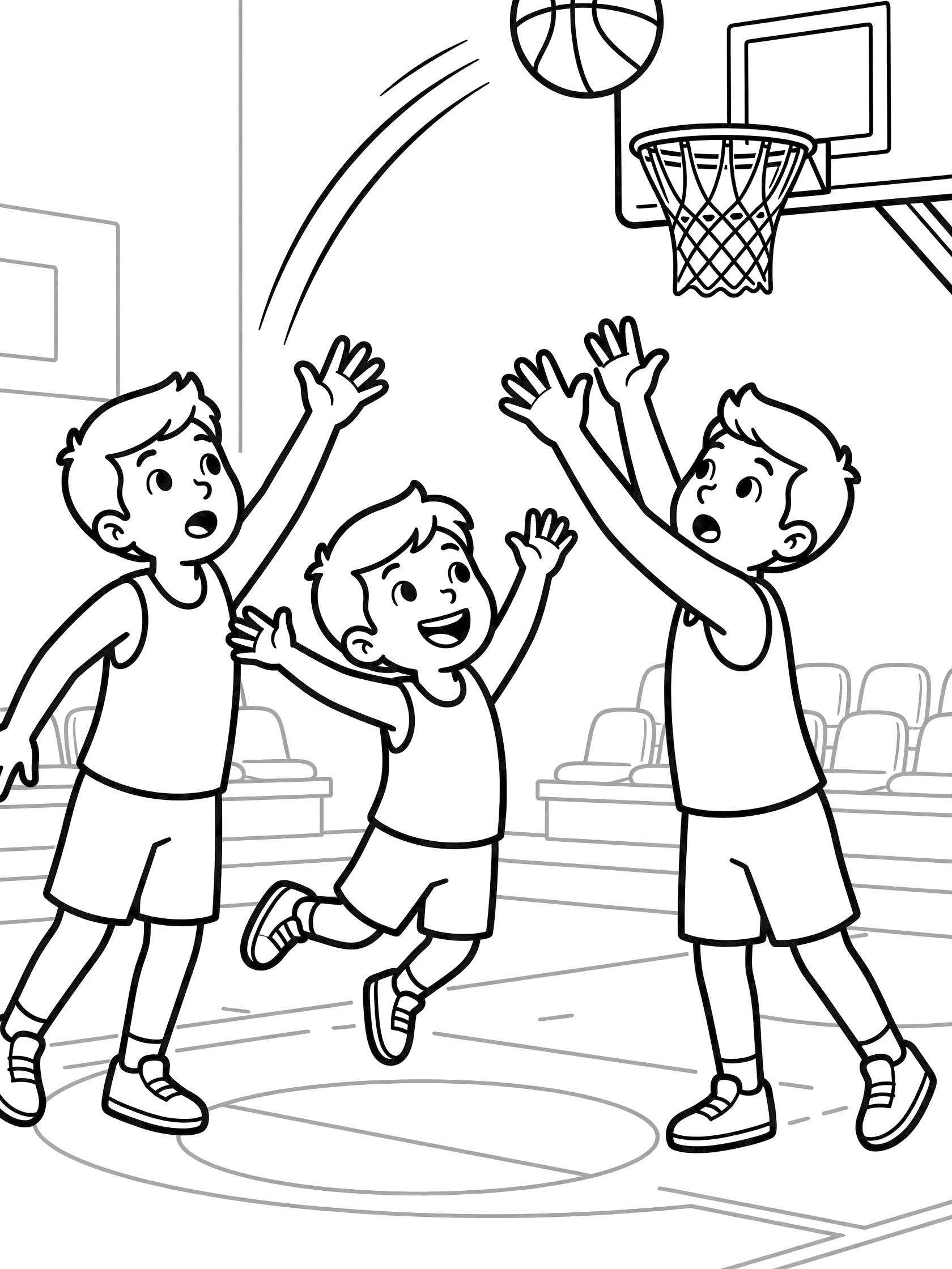 Cute cartoon basketball player jumping high to tip rebound over two taller opponents, with ball arcing to hoop, gym bleachers in background