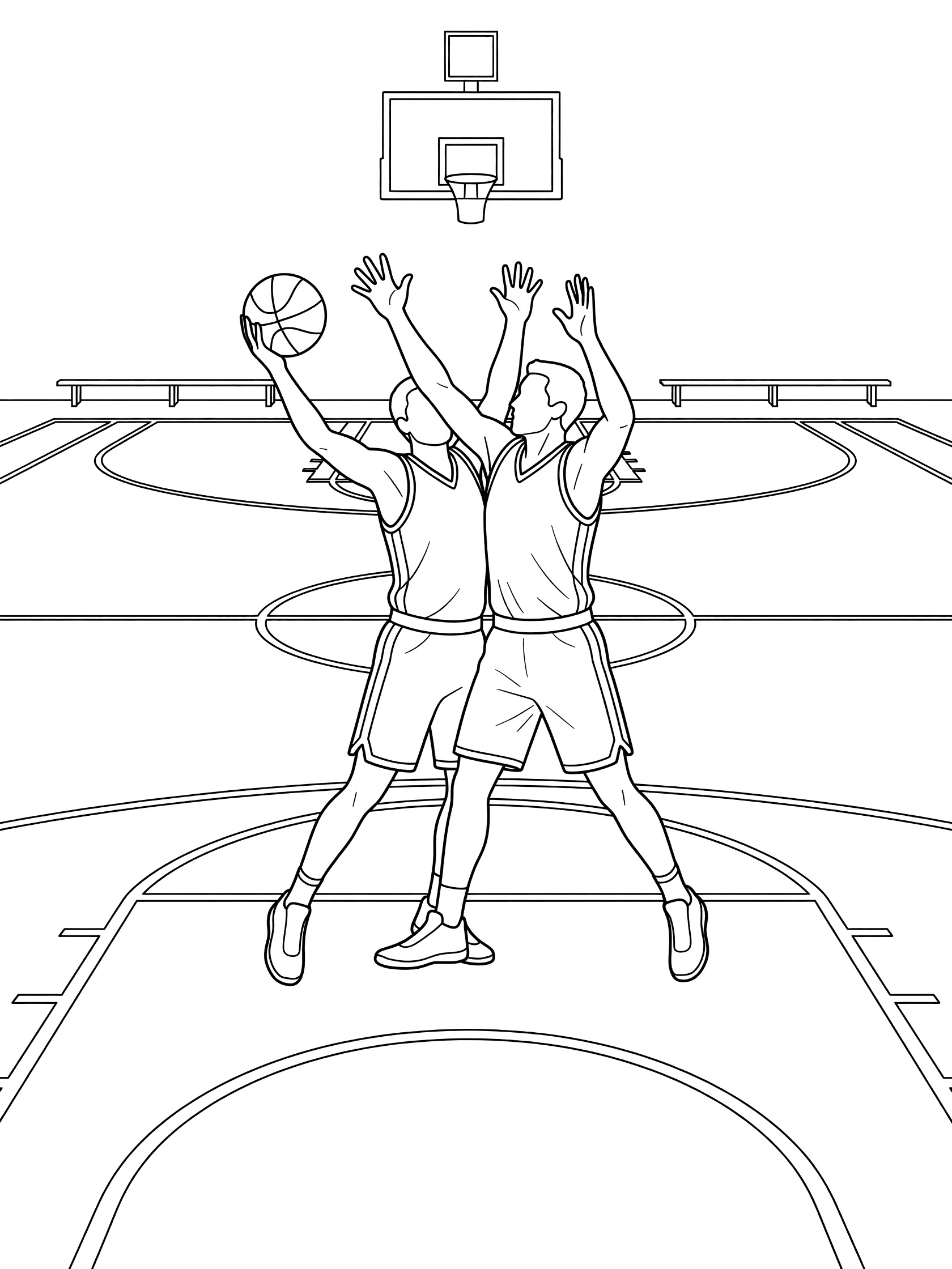 Black and white coloring page showing two basketball players on a full indoor court, one blocking a shot near the hoop with detailed court lines and background benches.