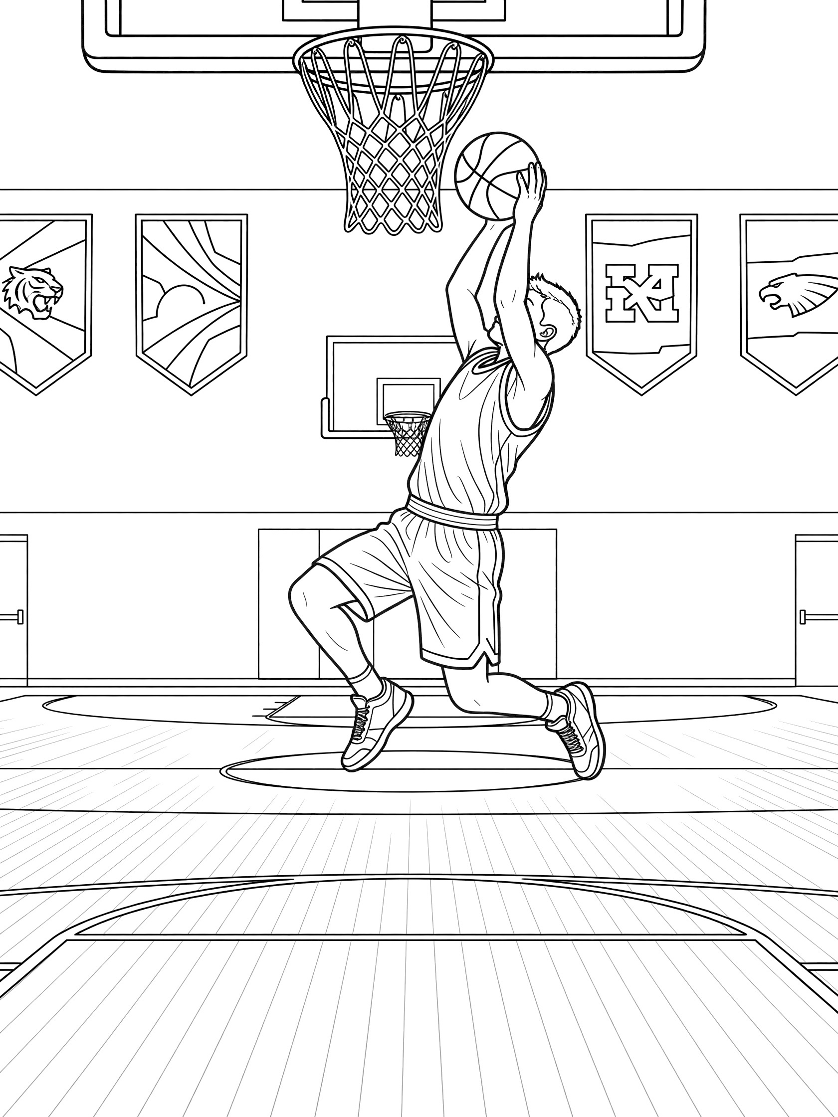 Black-and-white coloring page of a basketball player doing a slam dunk in a school gym with hoop, banners on walls, and court floor.