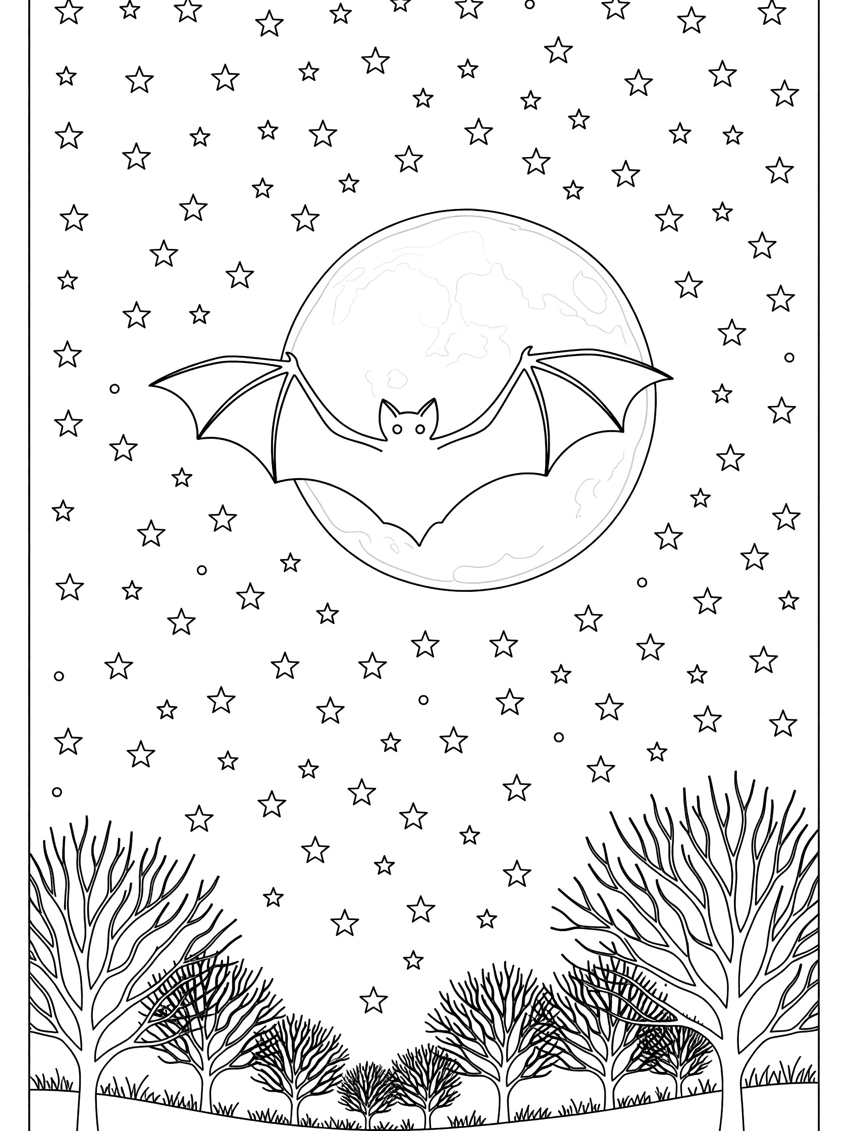 Black-and-white line art of a bat circling a large full moon under a starry sky with silhouetted bare trees, Halloween coloring page