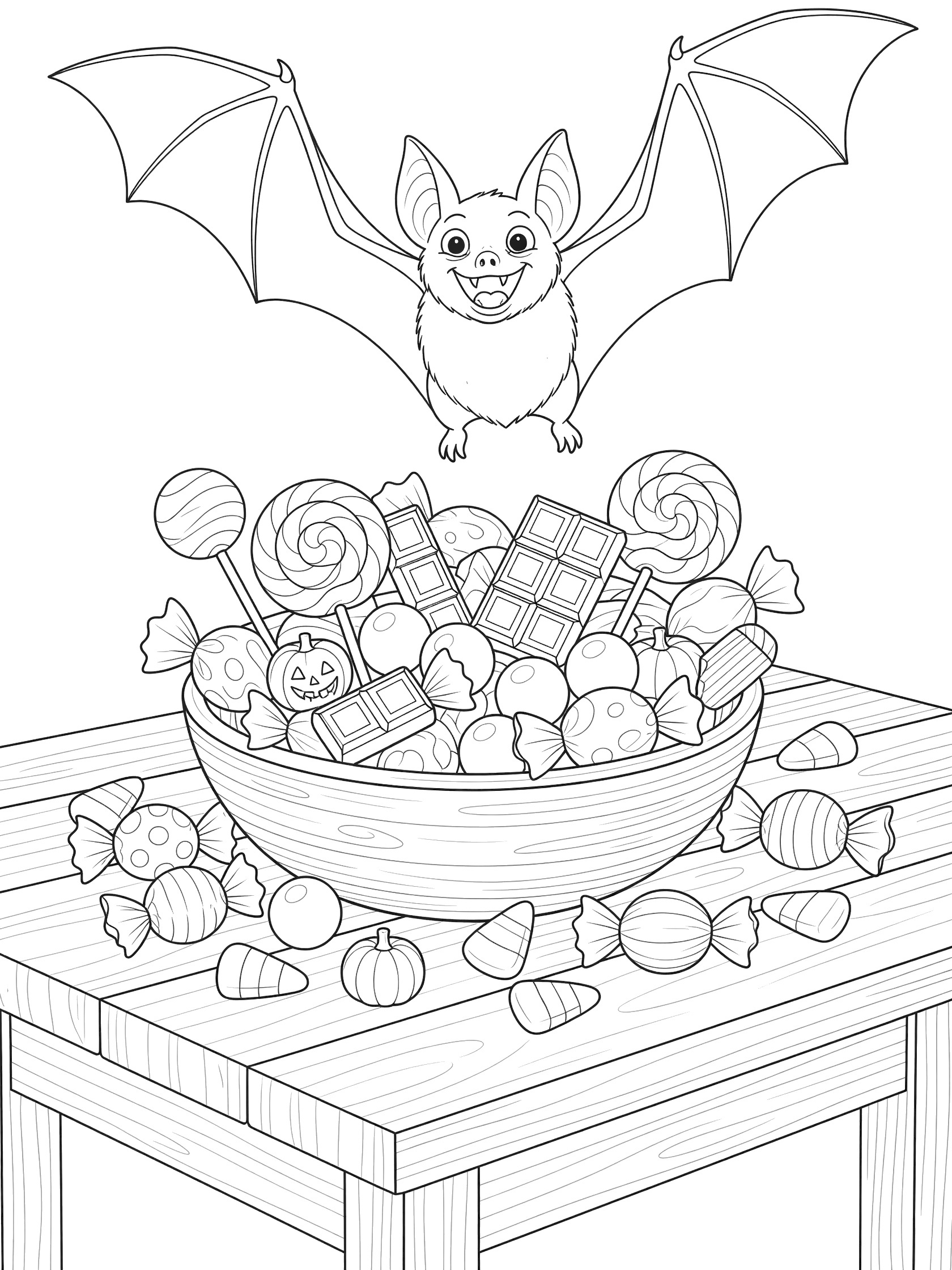 Printable coloring page showing a bat flying down excitedly to a wooden table with a bowl overflowing with wrapped Halloween candies and scattered sweets.