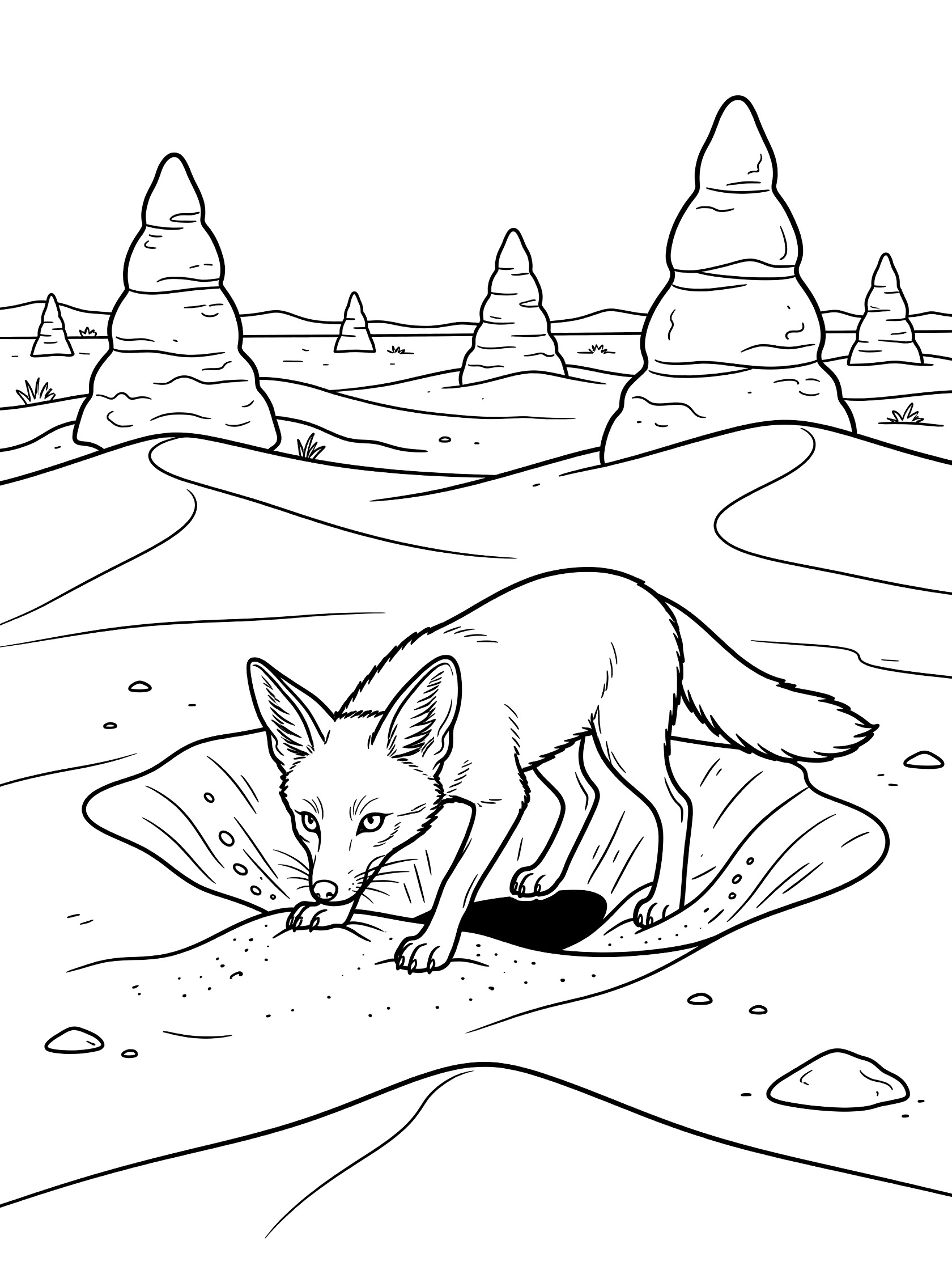 Black-and-white coloring page of a bat-eared fox digging into sand burrow surrounded by termite mounds in the Kalahari Desert
