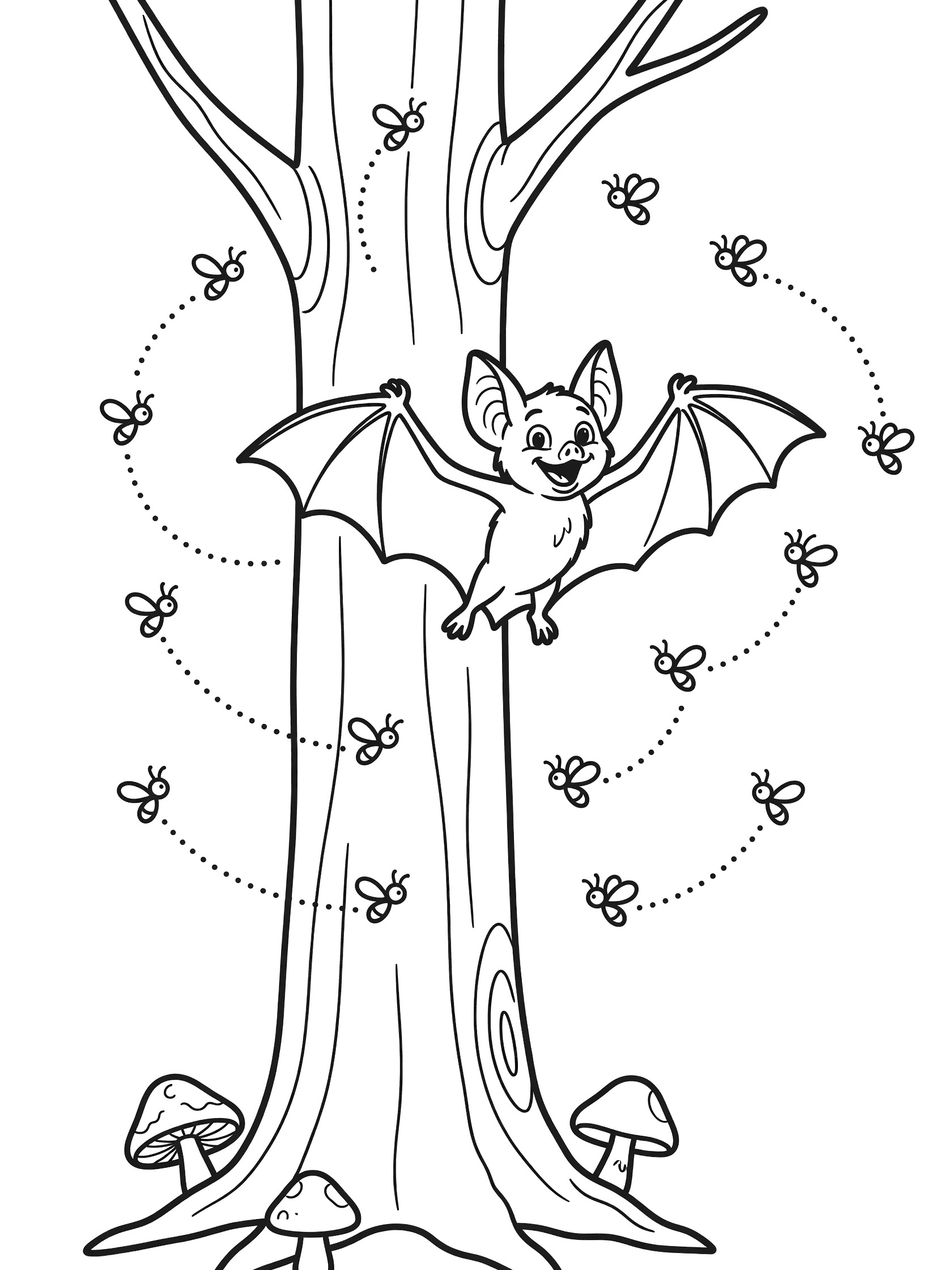 Black and white line art coloring page showing a happy bat with open wings flying around a tree trunk, surrounded by flying bees with dotted trails, and simple mushrooms at the base.